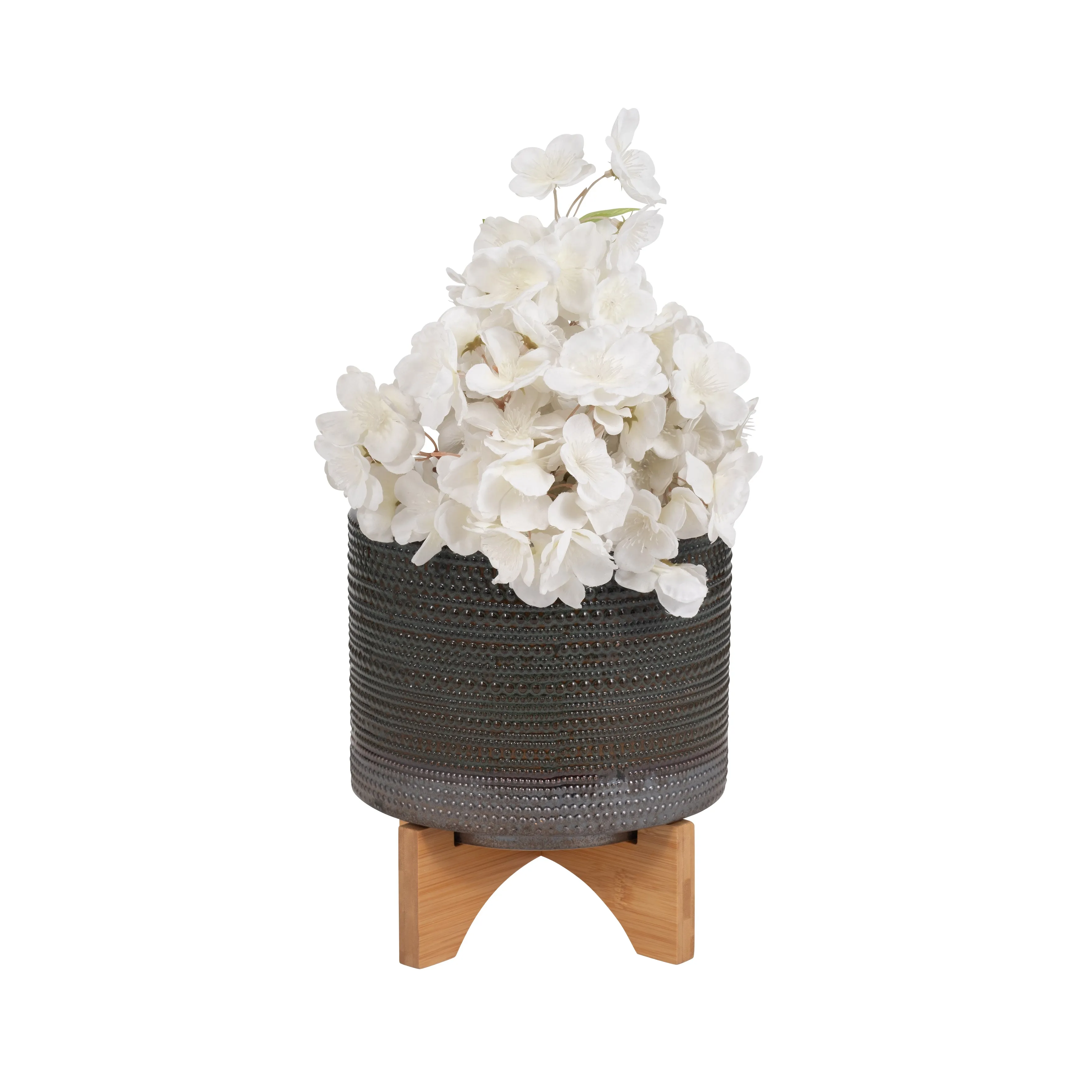 8" DOTTED PLANTER W/ WOOD STAND, GREEN