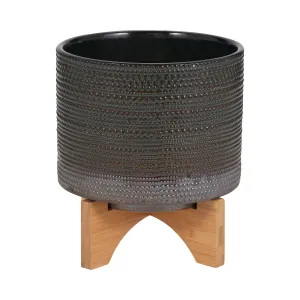 8" DOTTED PLANTER W/ WOOD STAND, GREEN