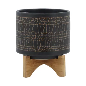 8" GLAZED PLANTER W/ STAND, BLACK