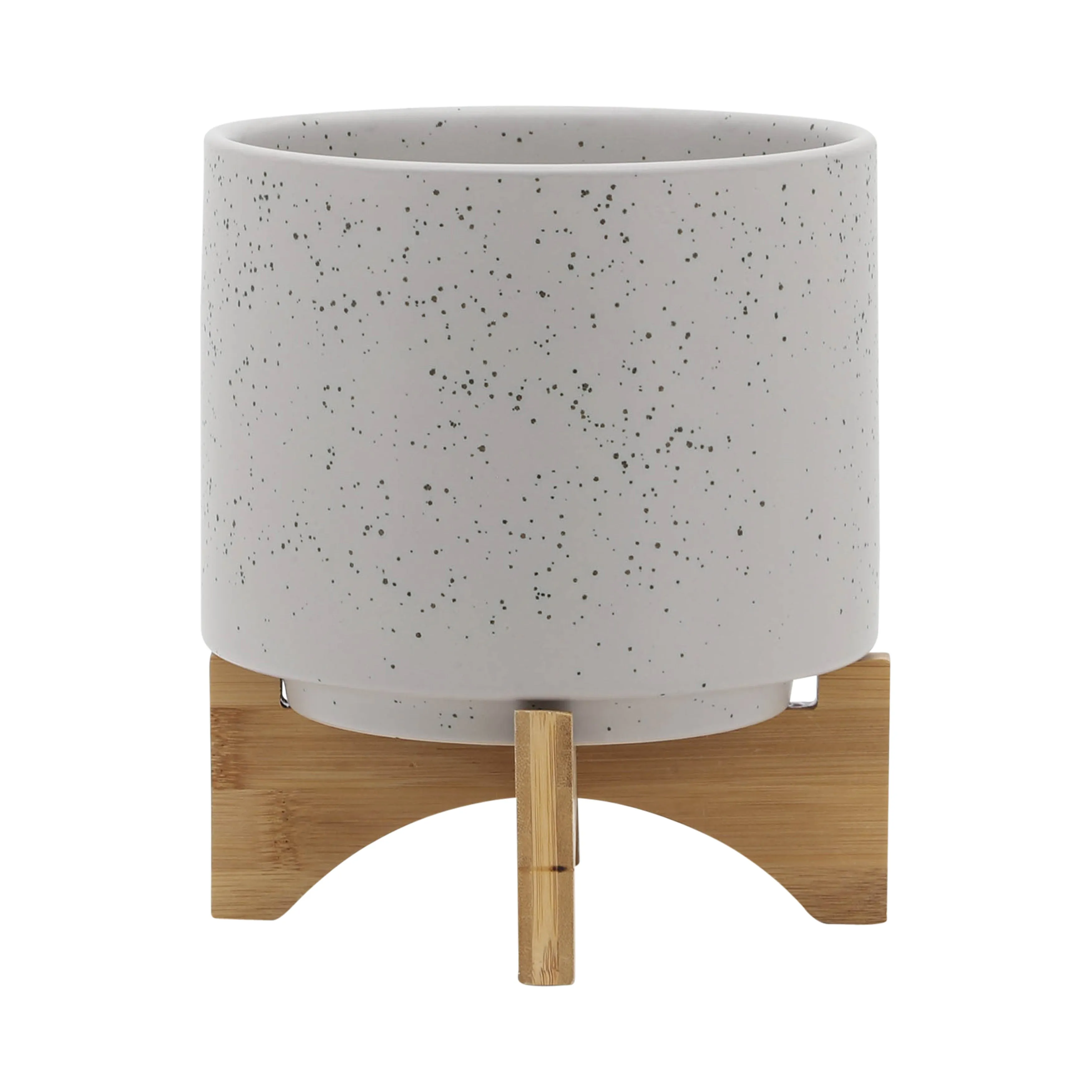8"  PLANTER W/ WOOD STAND, MATTE BEIGE