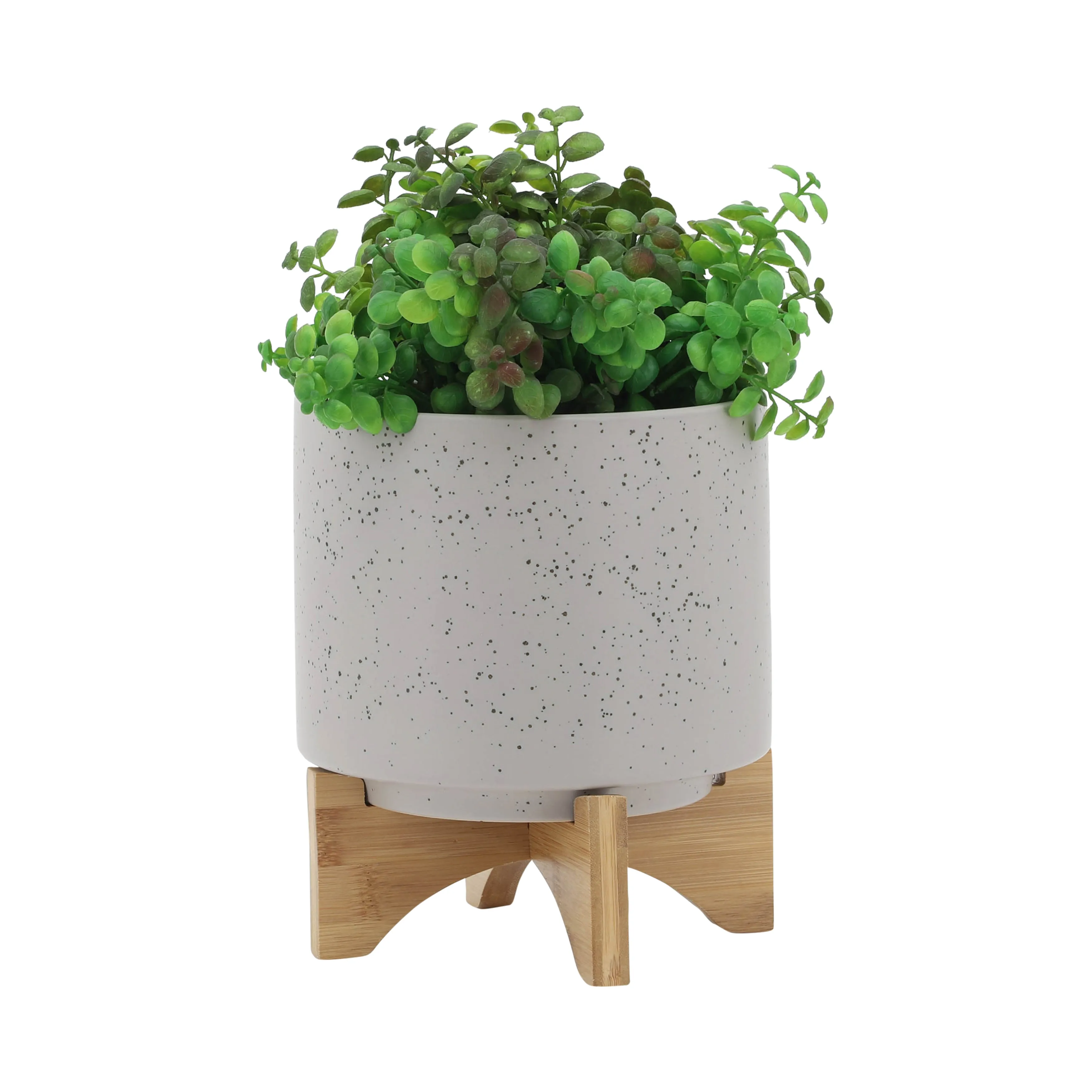 8"  PLANTER W/ WOOD STAND, MATTE BEIGE