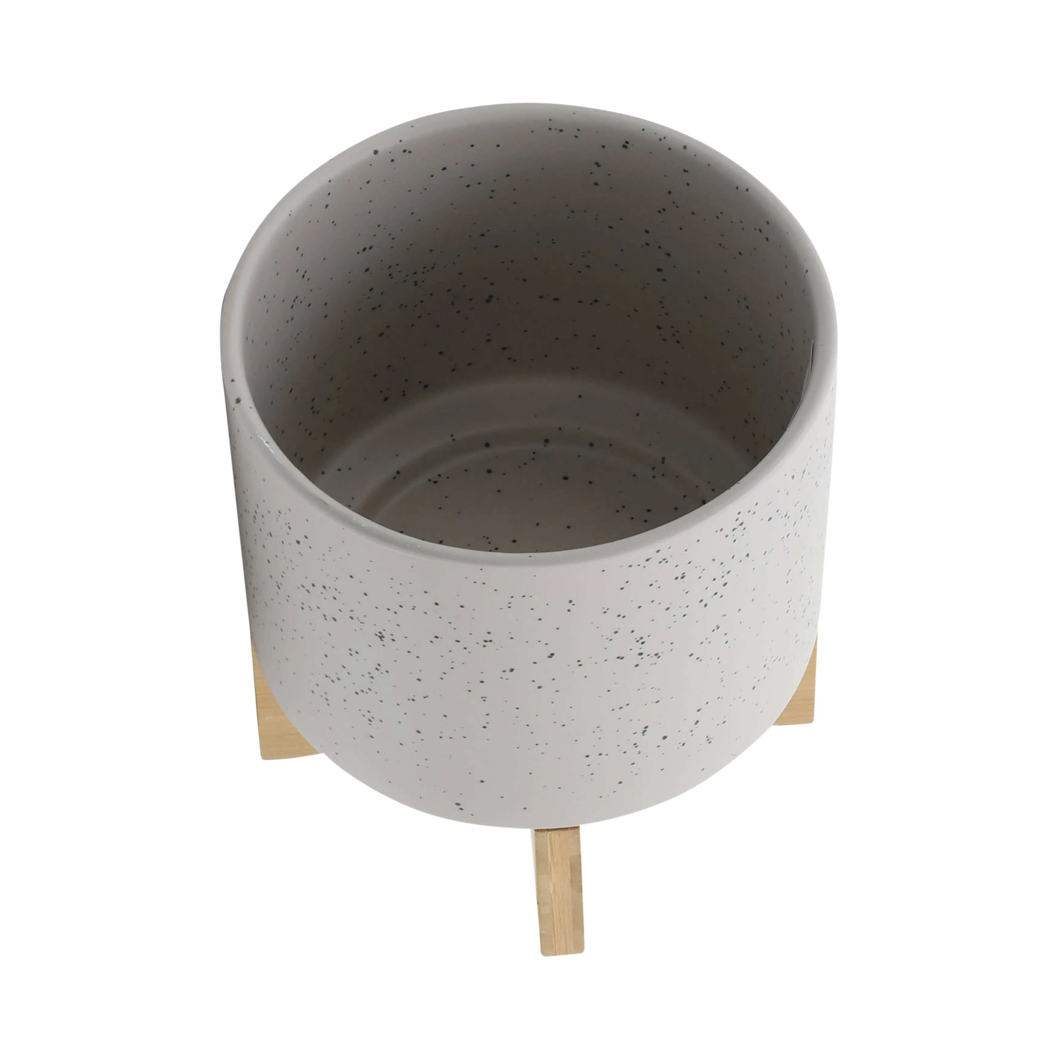 8"  PLANTER W/ WOOD STAND, MATTE BEIGE