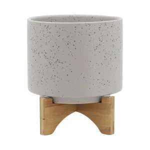 8"  PLANTER W/ WOOD STAND, MATTE BEIGE