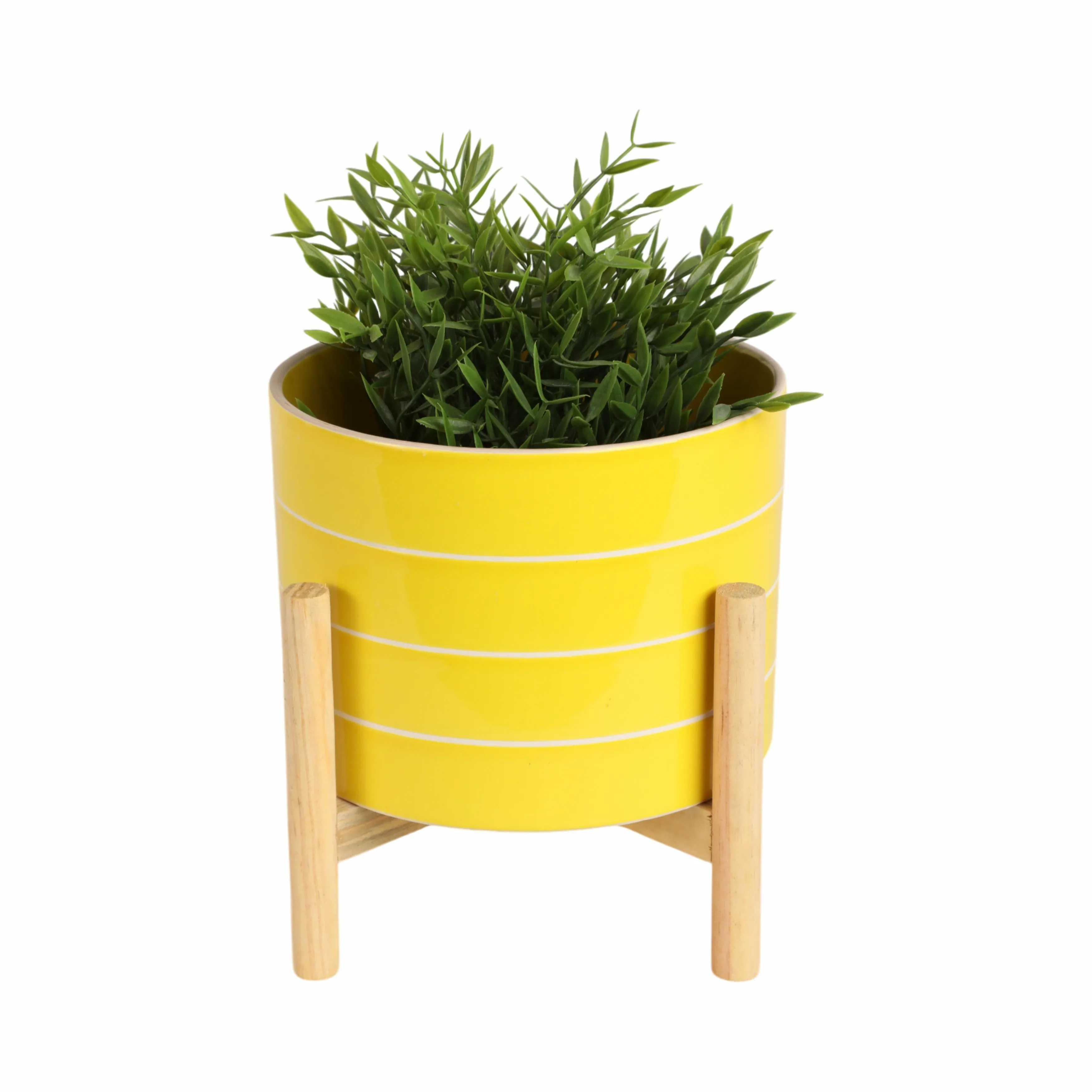 8" STRIPED PLANTER W/ WOOD STAND, YELLOW
