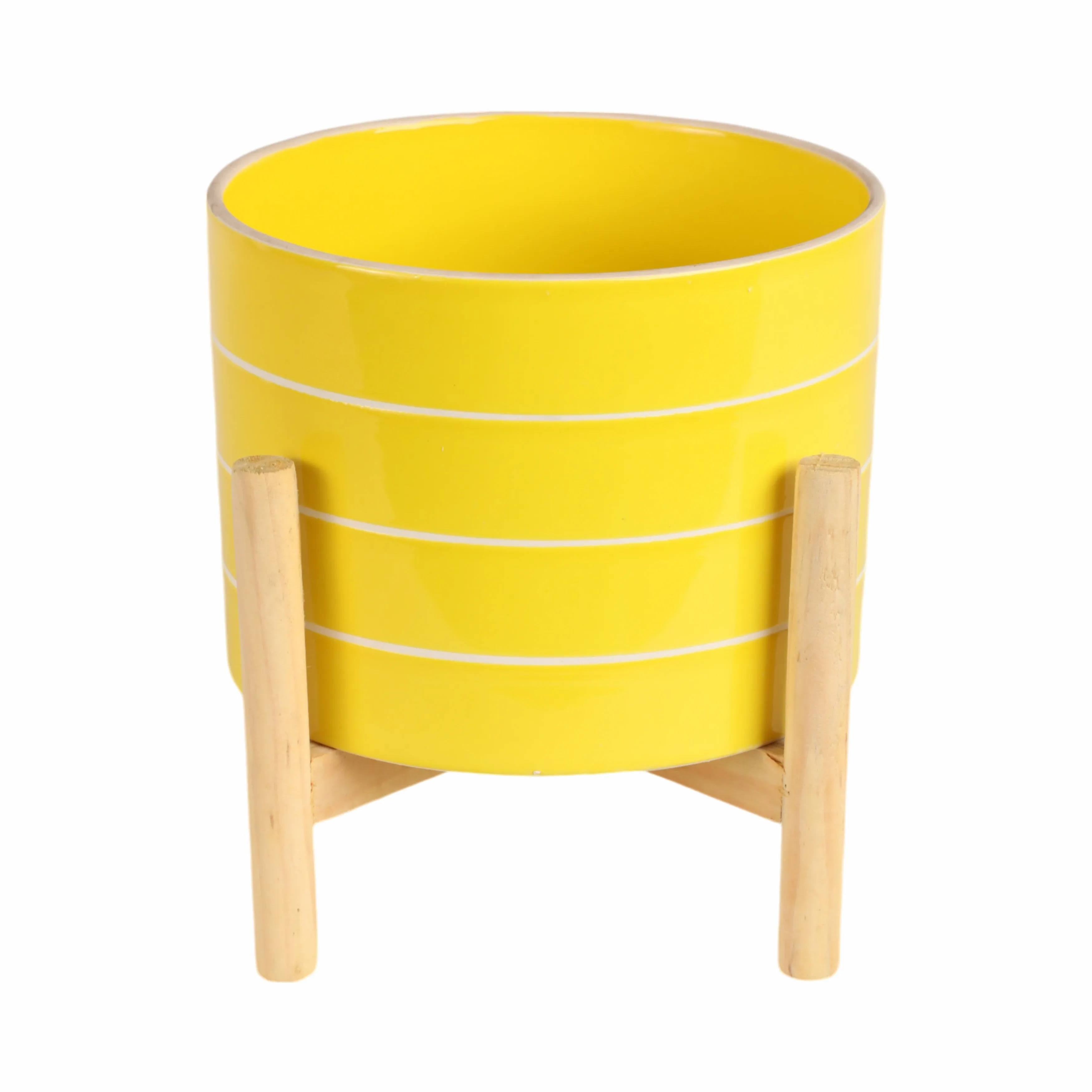 8" STRIPED PLANTER W/ WOOD STAND, YELLOW