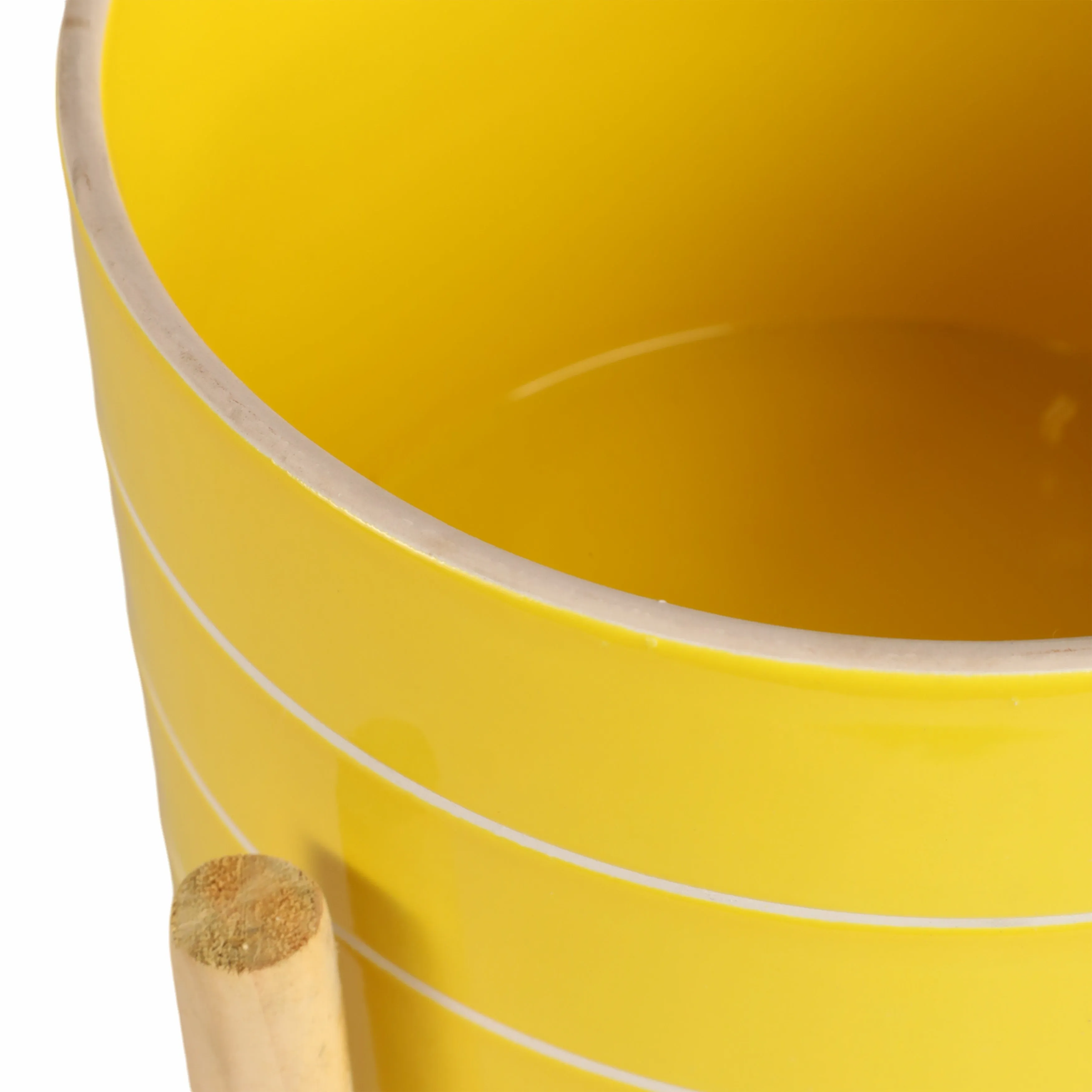 8" STRIPED PLANTER W/ WOOD STAND, YELLOW