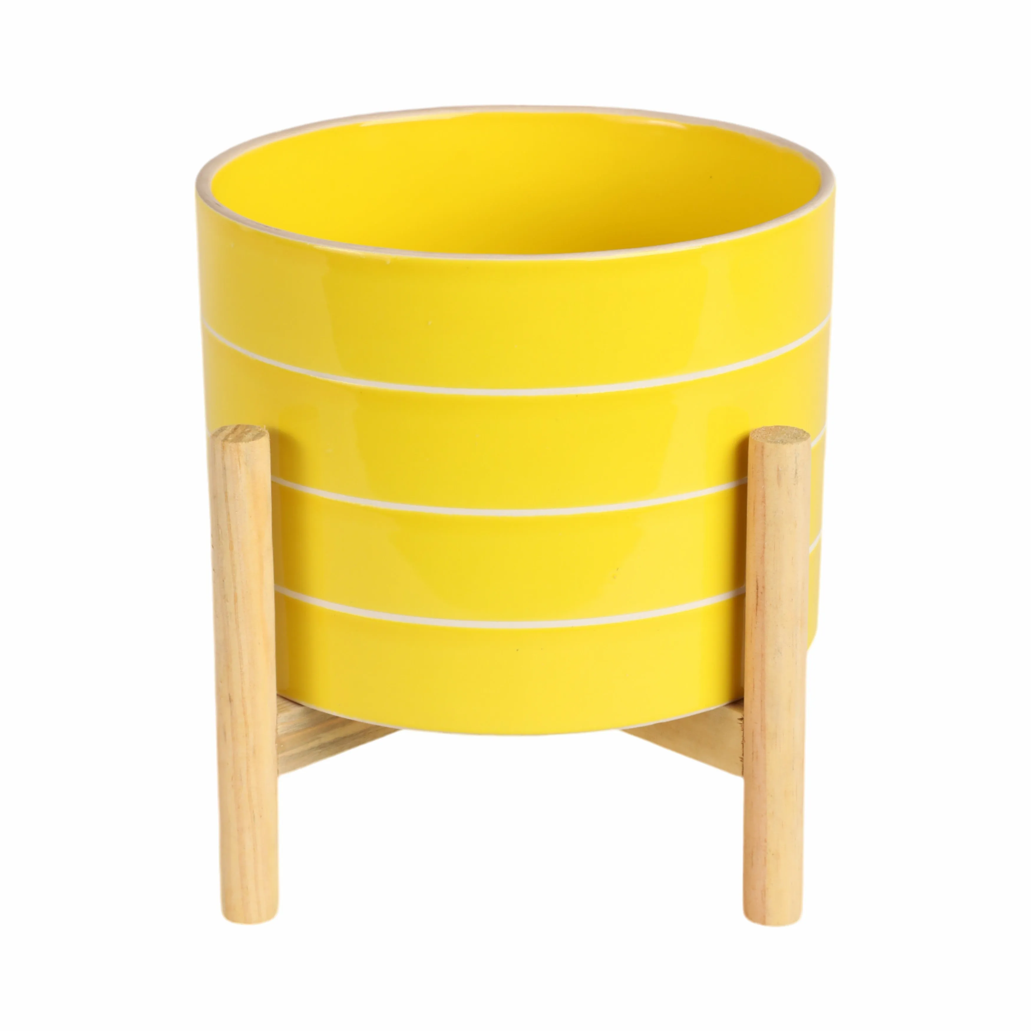 8" STRIPED PLANTER W/ WOOD STAND, YELLOW