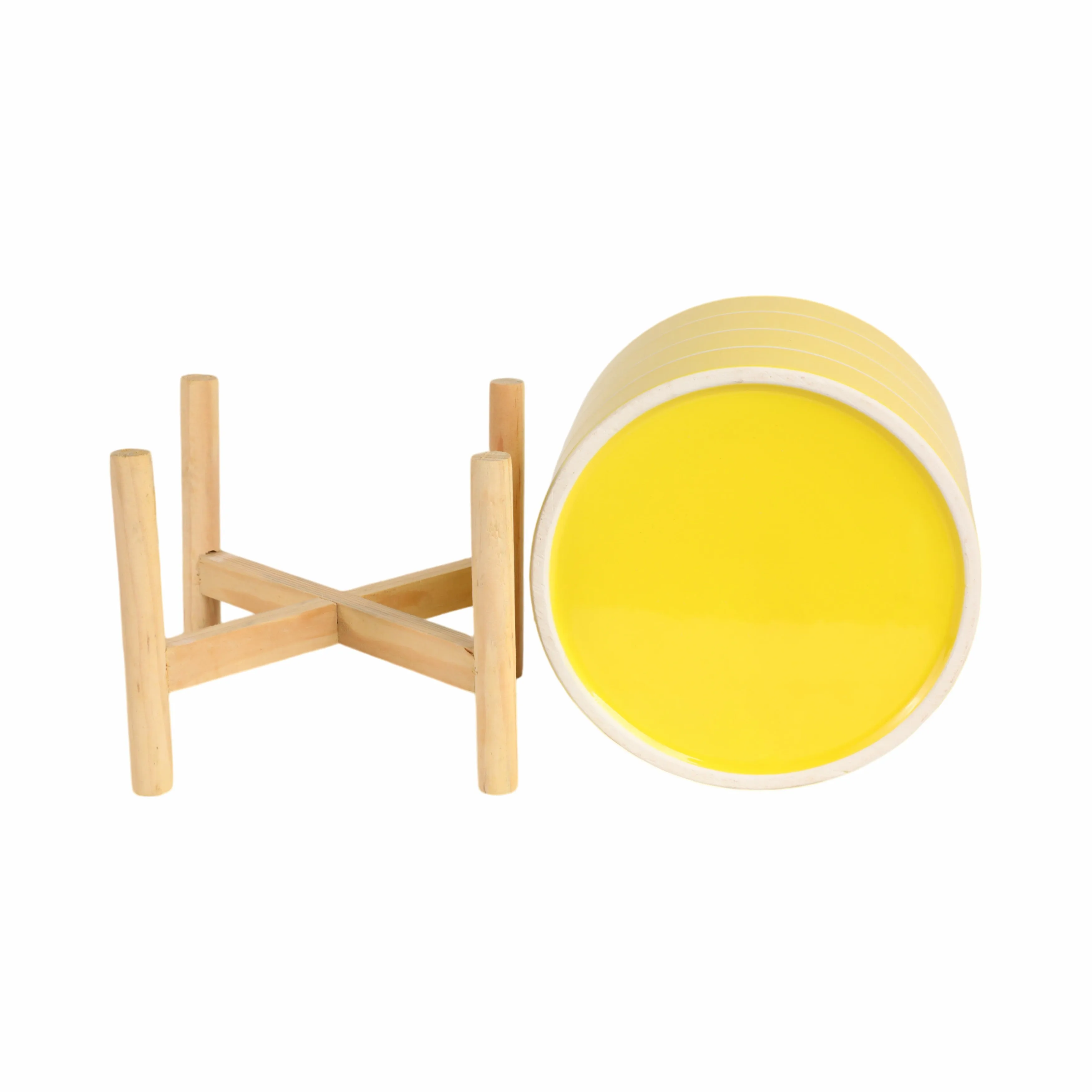 8" STRIPED PLANTER W/ WOOD STAND, YELLOW
