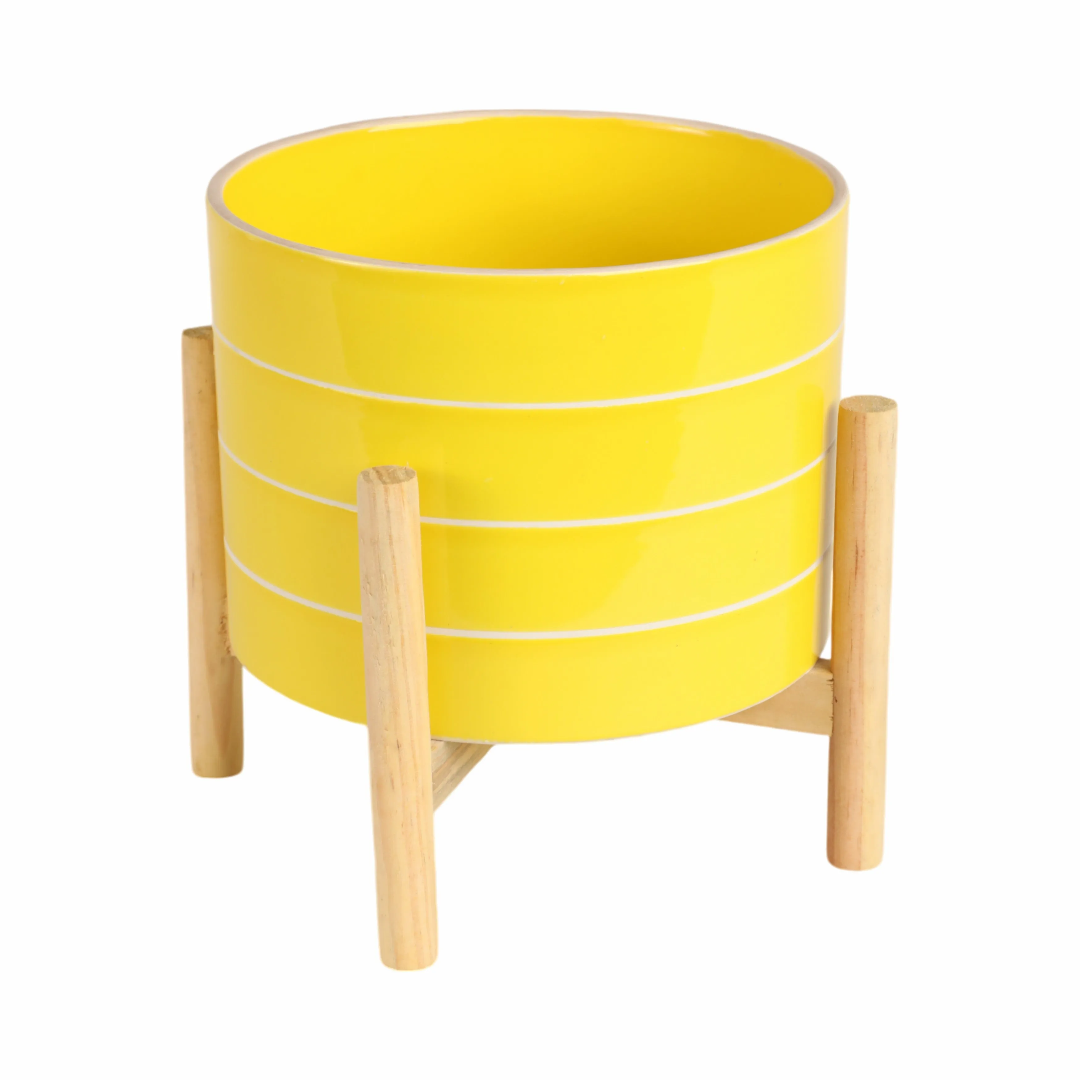 8" STRIPED PLANTER W/ WOOD STAND, YELLOW