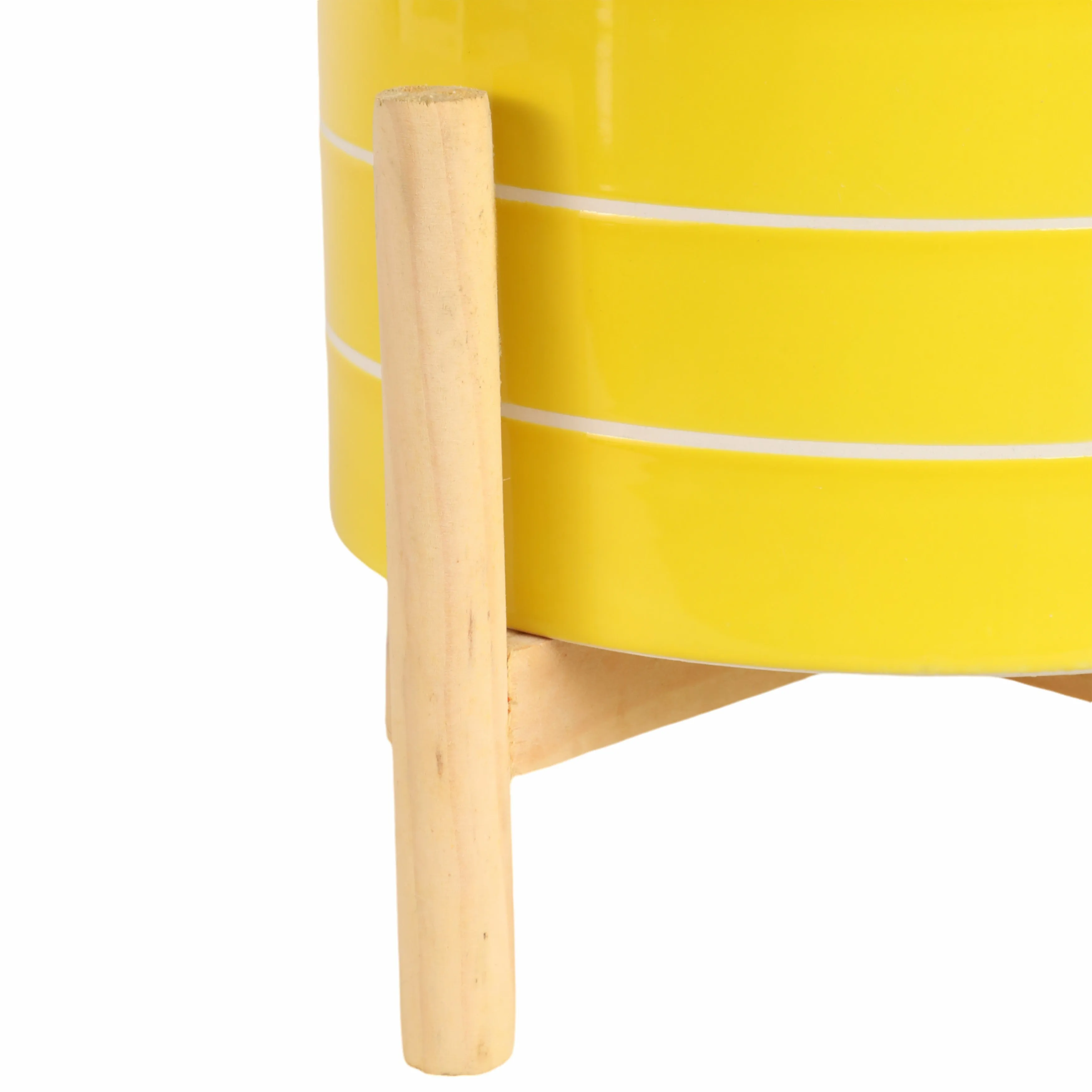 8" STRIPED PLANTER W/ WOOD STAND, YELLOW