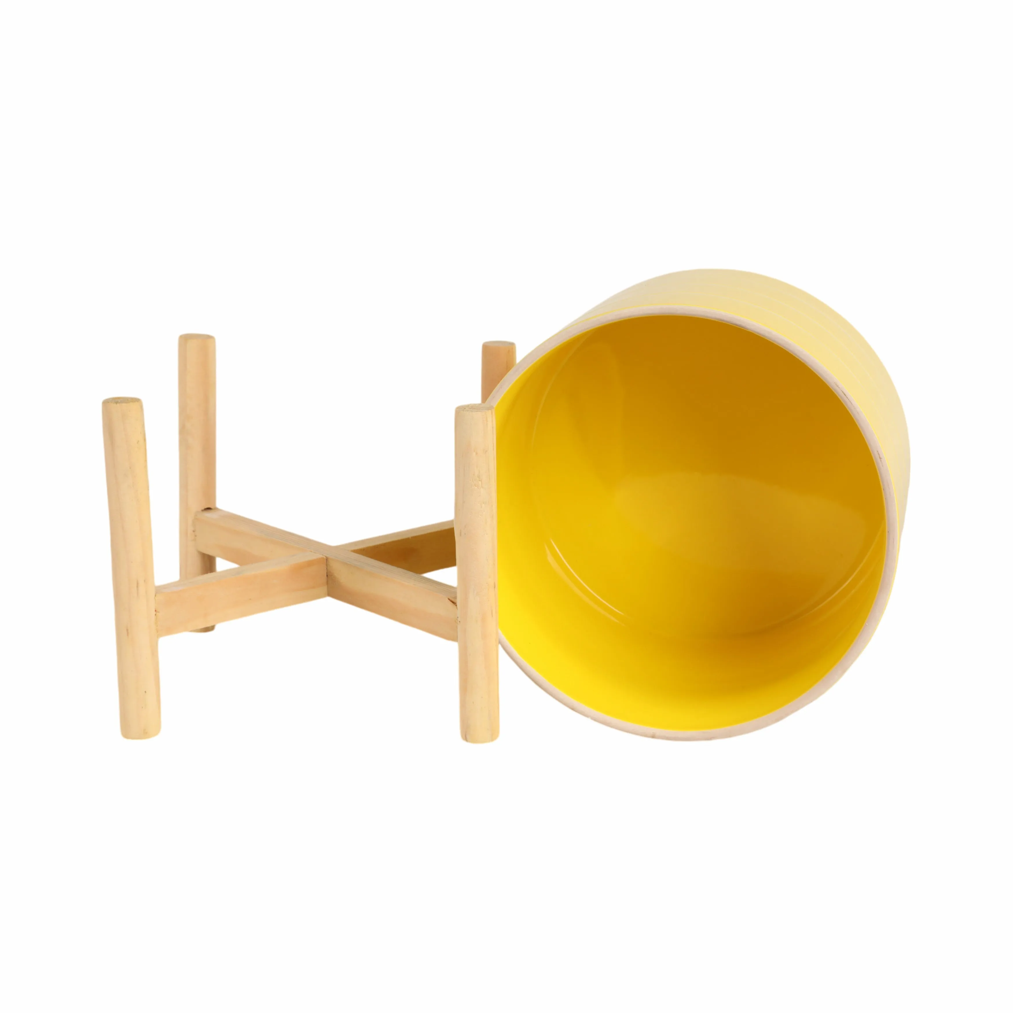 8" STRIPED PLANTER W/ WOOD STAND, YELLOW