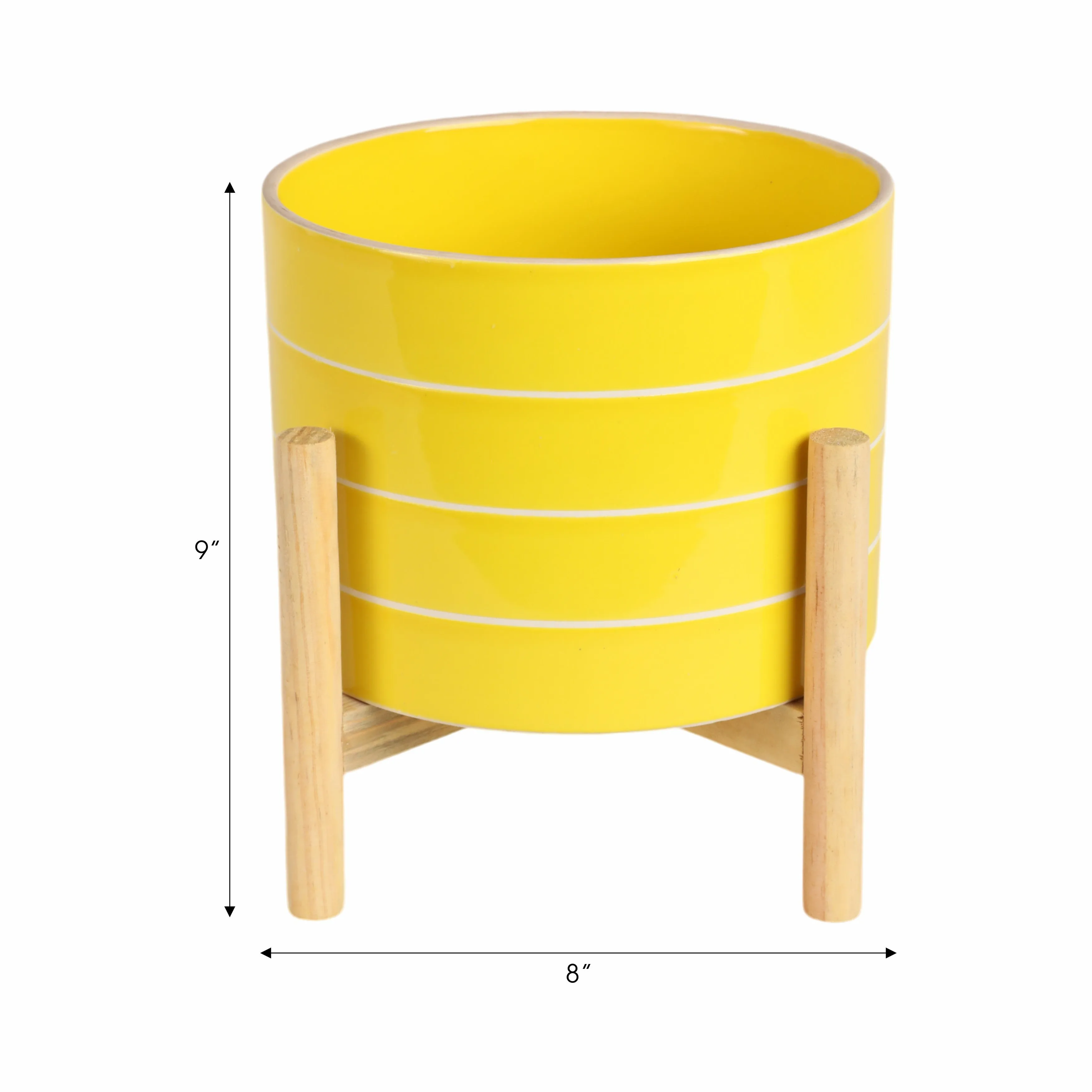 8" STRIPED PLANTER W/ WOOD STAND, YELLOW