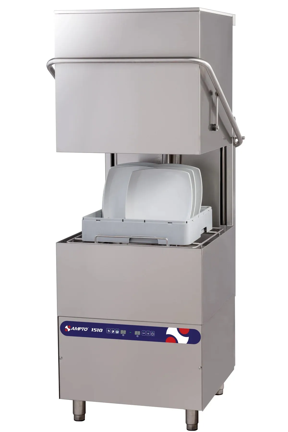 AMPTO Dishwasher, hood type, 34-5/8"W, high temperature, with 8.6kW booster heater, up to (30) racks per hour - 1510