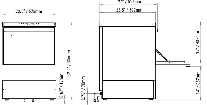 AMPTO Undercounter Dishwasher, door type, front loading, 23-5/8"W, (20/30 or 60) racks/hour capacity, high temp - 500