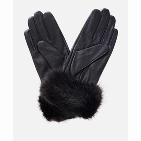 Barbour Fur Trimmed Ladies Leather Gloves - Black MustHave Items