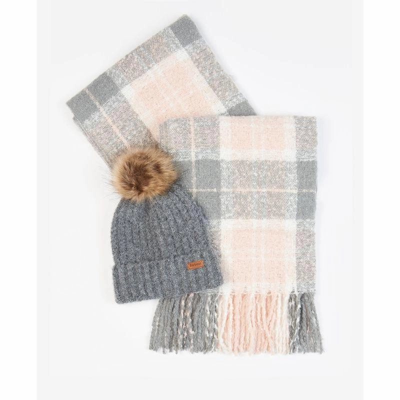 Barbour Saltburn Ladies Beanie & Tartan Scarf Set - Grey Rose MustHave Gift Ideas