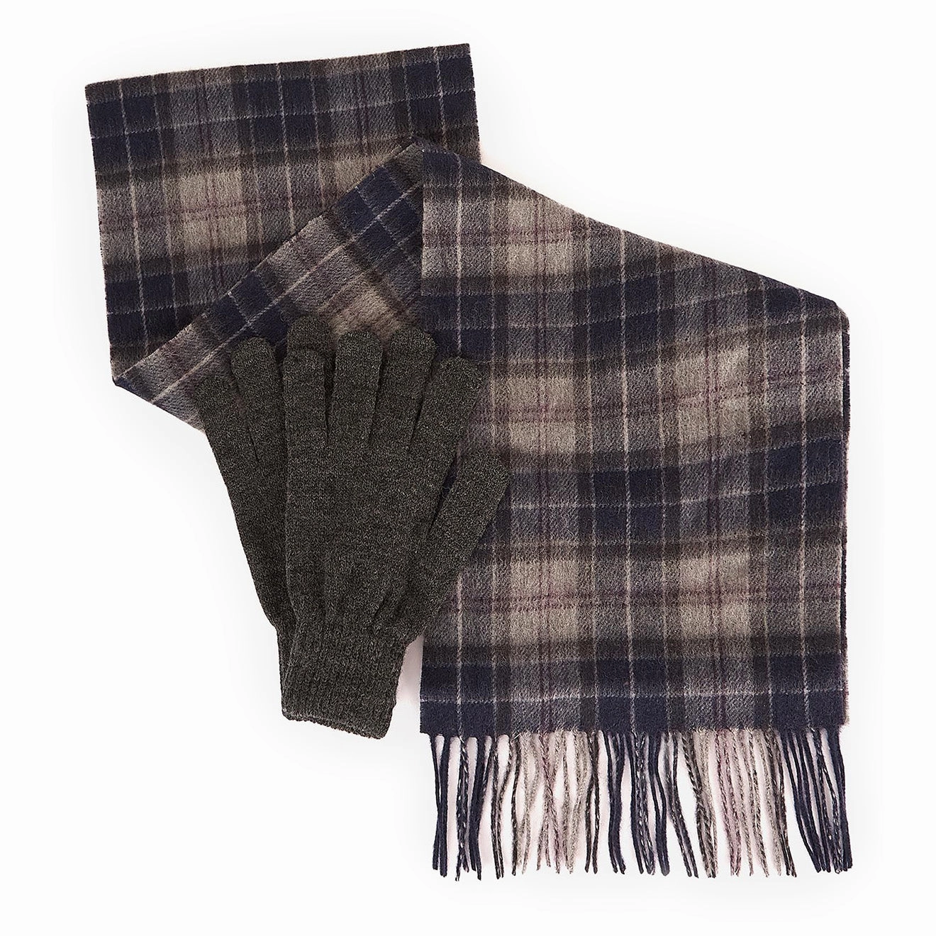 Barbour Tartan Scarf / Gloves Gift Set Classic Black Slate Tartan Big Clearance Event