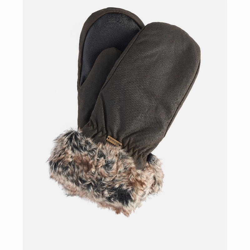 Shop Today Save MustHave Deal Barbour Wax Mittens With Fur Trim - Olive