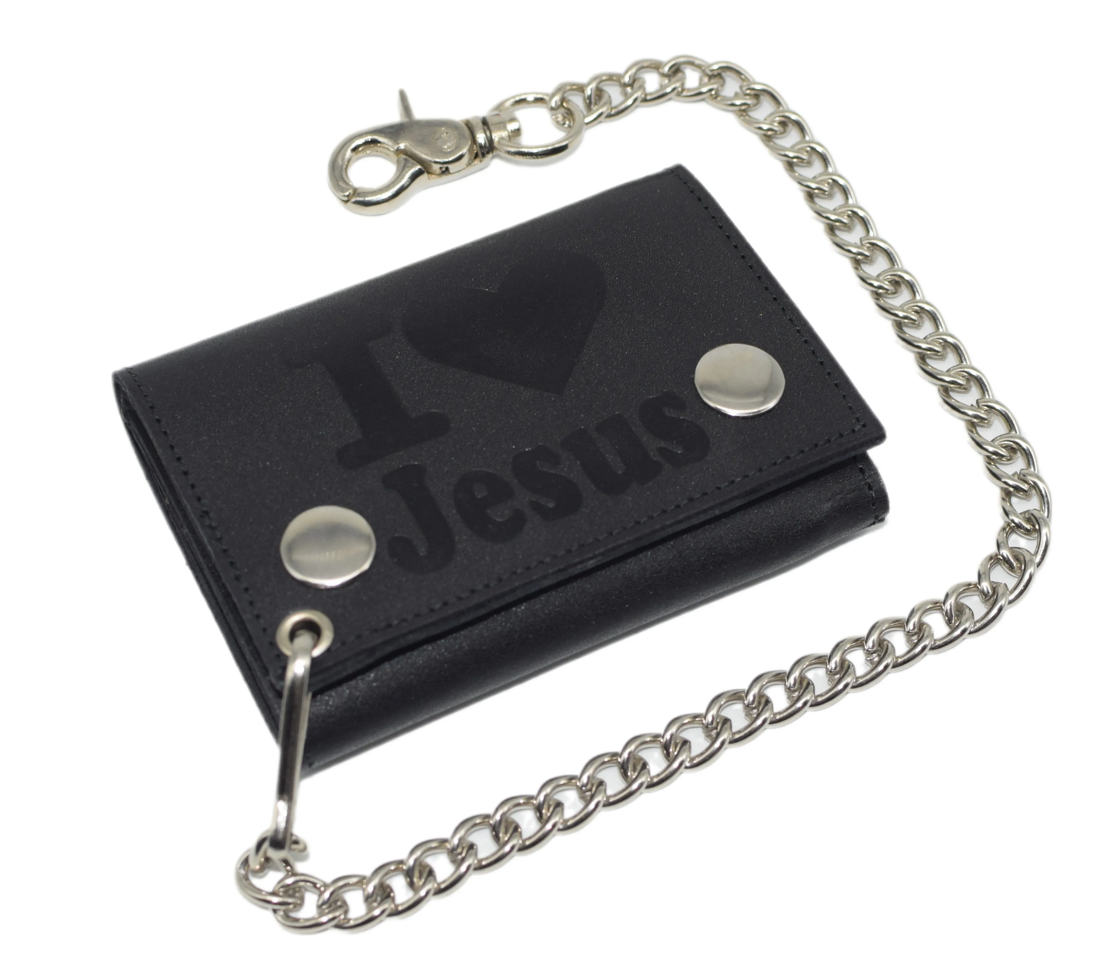 I Love Jesus Rfid Protected Trifold Biker Men'S Genuine Leather Steel Chain Wallet Snap Closure Instant Hot Deal