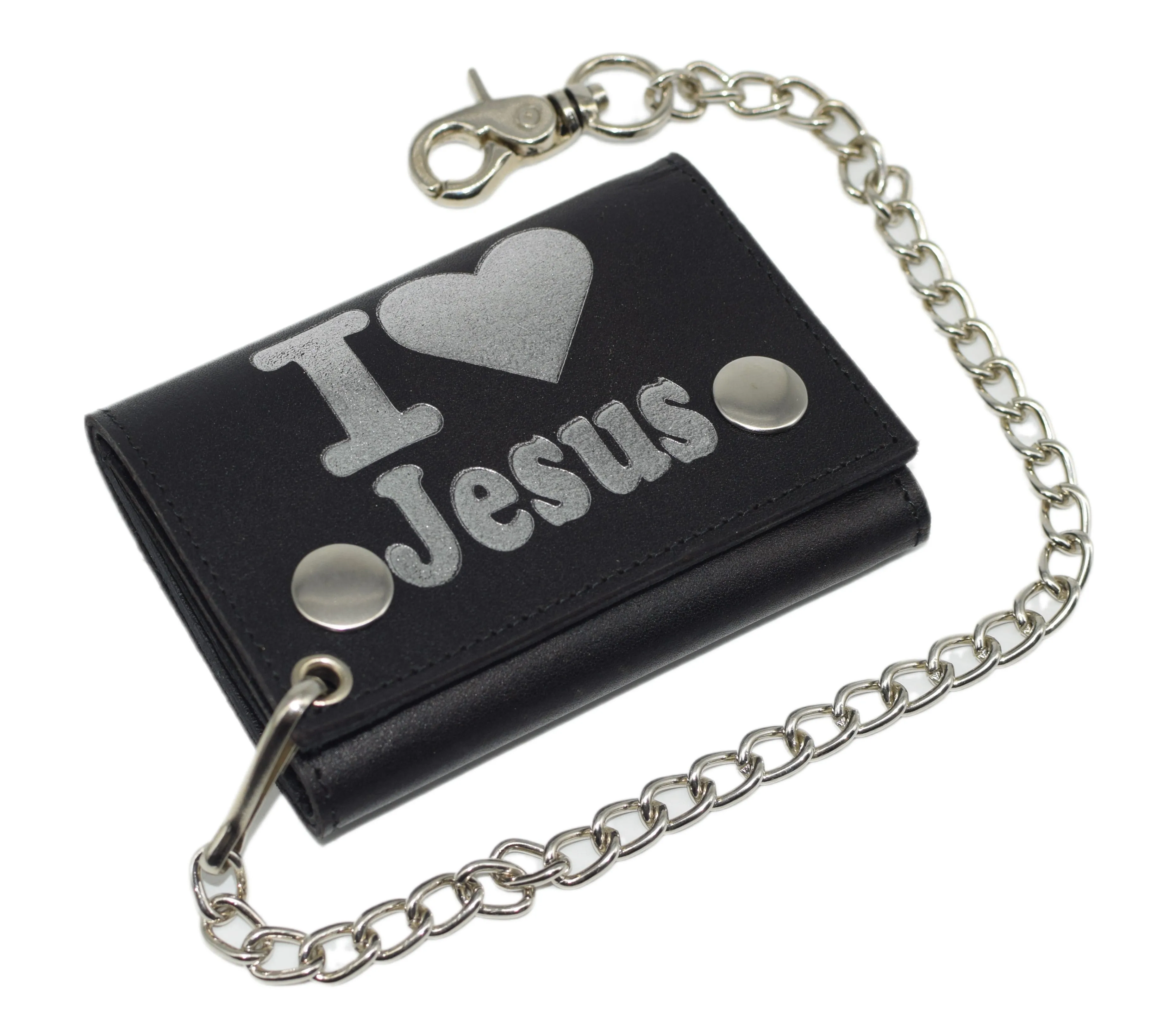 I Love Jesus Rfid Protected Trifold Biker Men'S Genuine Leather Steel Chain Wallet Snap Closure Save More Online Daily Hot Deal