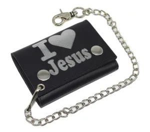 I Love Jesus Rfid Protected Trifold Biker Men'S Genuine Leather Steel Chain Wallet Snap Closure Save More Online Daily Hot Deal