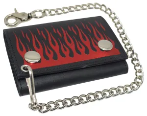 Motorcycle Men'S Flames Rfid Blocking Tri-Fold Genuine Leather Biker Chain Wallet, Black Perfect Gift Sale Shop Hot Picks