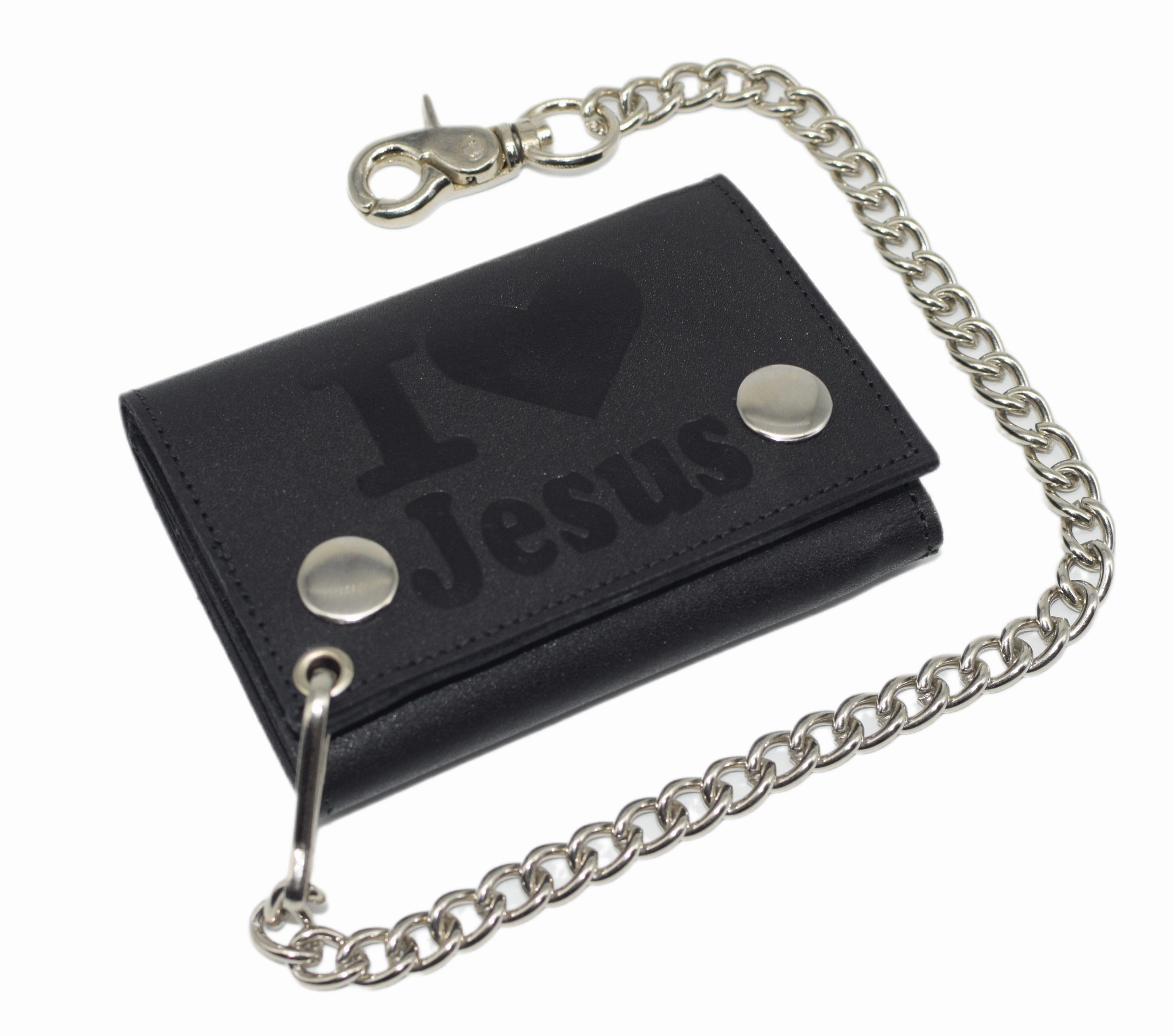 I Love Jesus Rfid Protected Trifold Biker Men'S Genuine Leather Steel Chain Wallet Snap Closure Instant Hot Deal