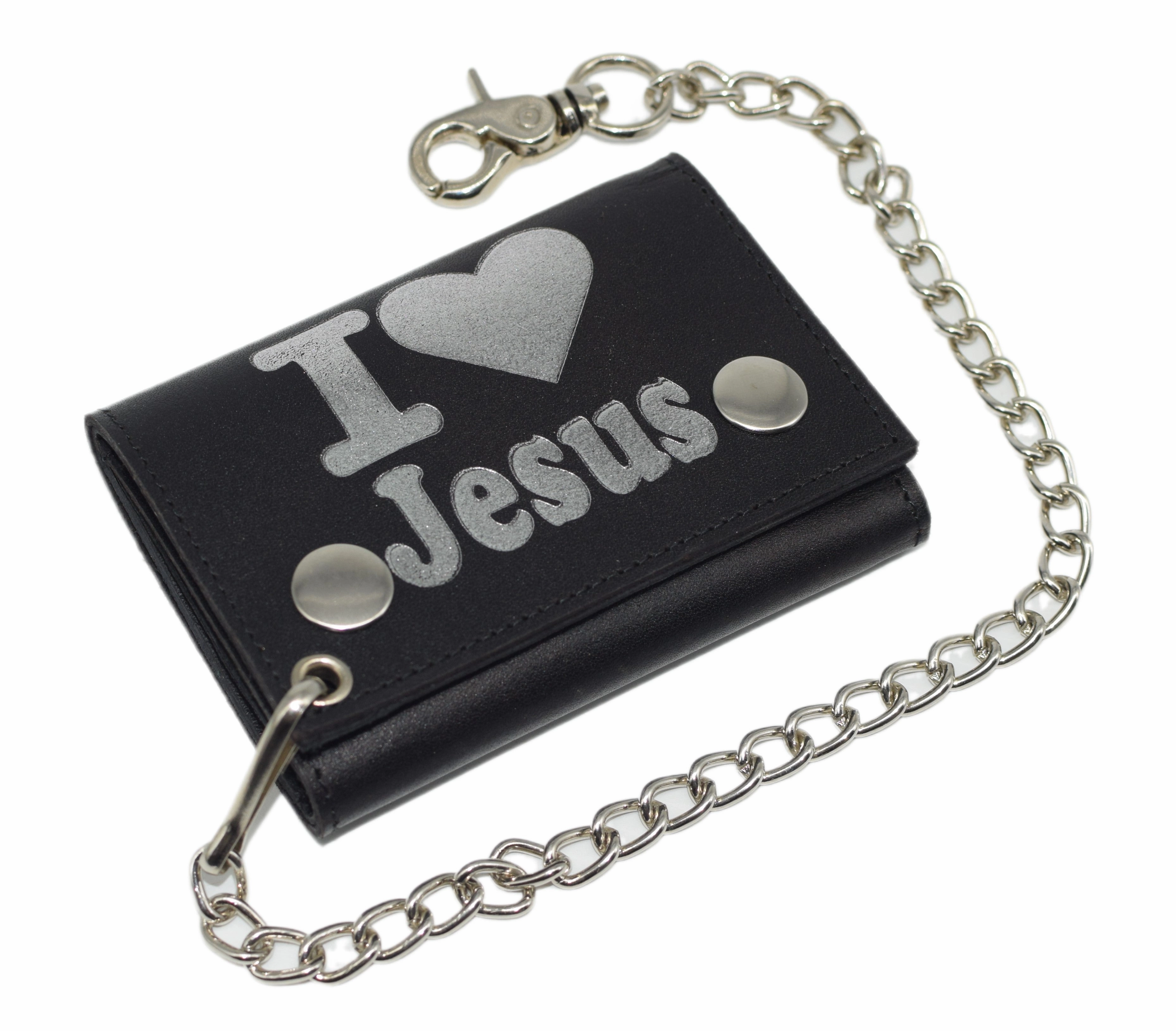 I Love Jesus Rfid Protected Trifold Biker Men'S Genuine Leather Steel Chain Wallet Snap Closure Save More Online Daily Hot Deal