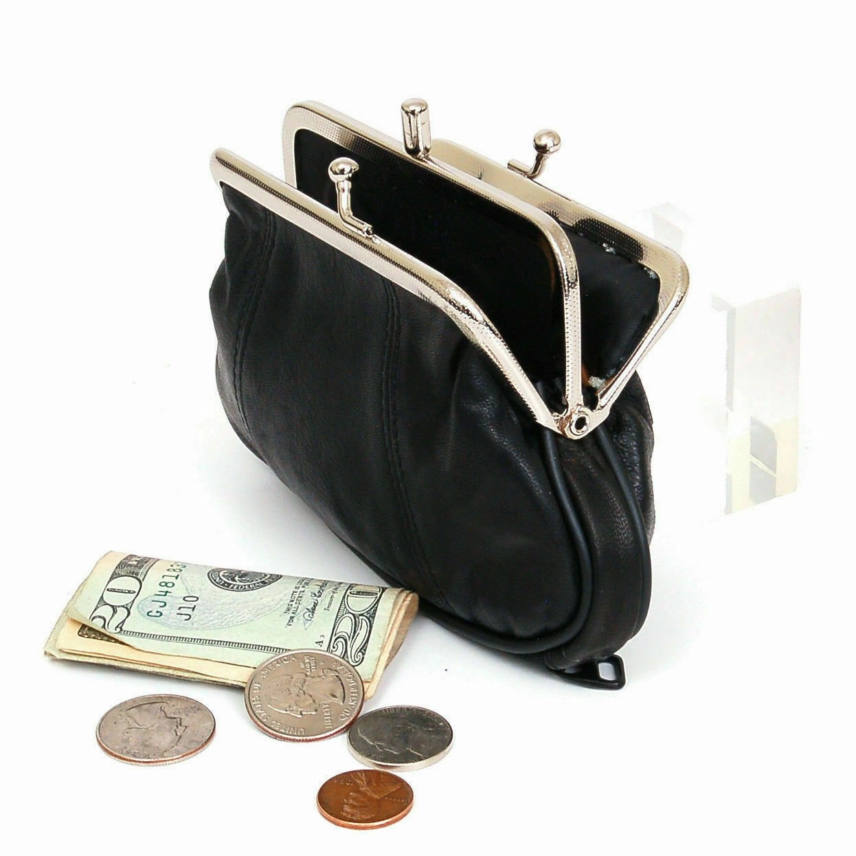 Black Genuine Leather Woman Coin Purse Double Frame Change Wallet New Dont Miss Out