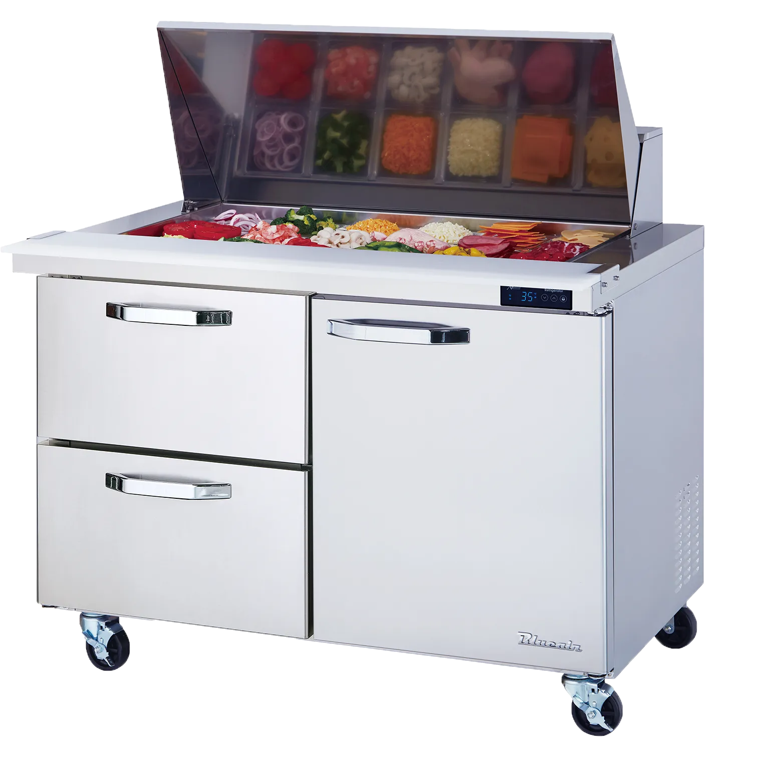 Blue Air - BLMT48-D2L-HC, 2 Drawers 1 Door (R) All Stainless Prep. Table with (18) 1/6 Pans - 48" wide, 13 cu/ft., R-290 Refrigerant