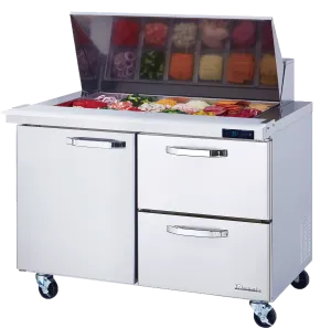 Blue Air - BLMT48-D2R-HC, 2 Drawers 1 Door (L) All Stainless Prep. Table with (18) 1/6 Pans - 48" wide, 13 cu/ft., R-290 Refrigerant