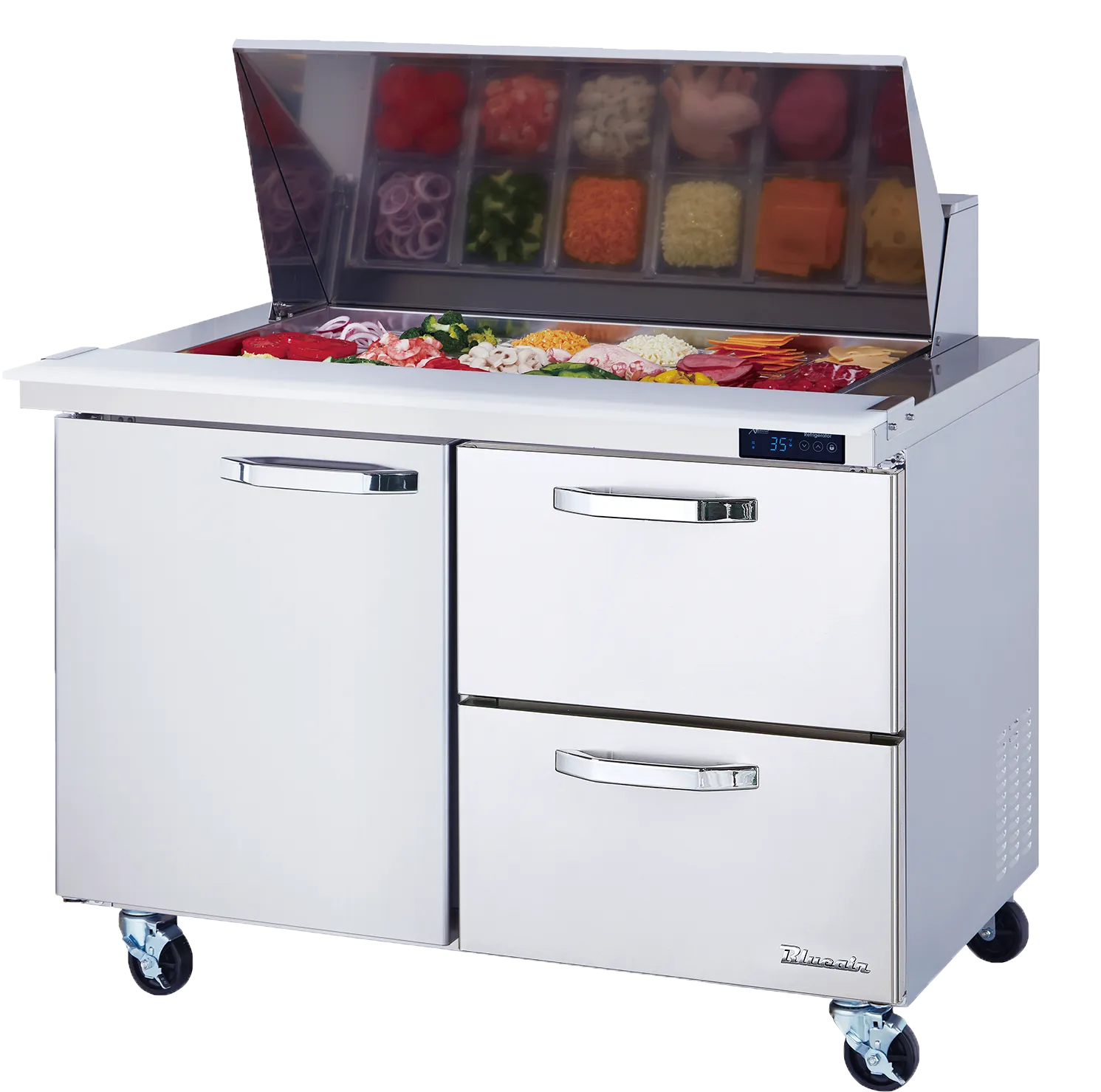 Blue Air - BLMT48-D2R-HC, 2 Drawers 1 Door (L) All Stainless Prep. Table with (18) 1/6 Pans - 48" wide, 13 cu/ft., R-290 Refrigerant