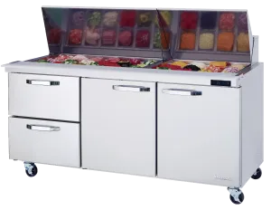 Blue Air - BLMT72-D2L-HC, 2 Drawers 2 Doors (M, R) All Stainless Prep. Table with (30) 1/6 Pans - 72" wide, 20 cu/ft., R-290 Refrigerant