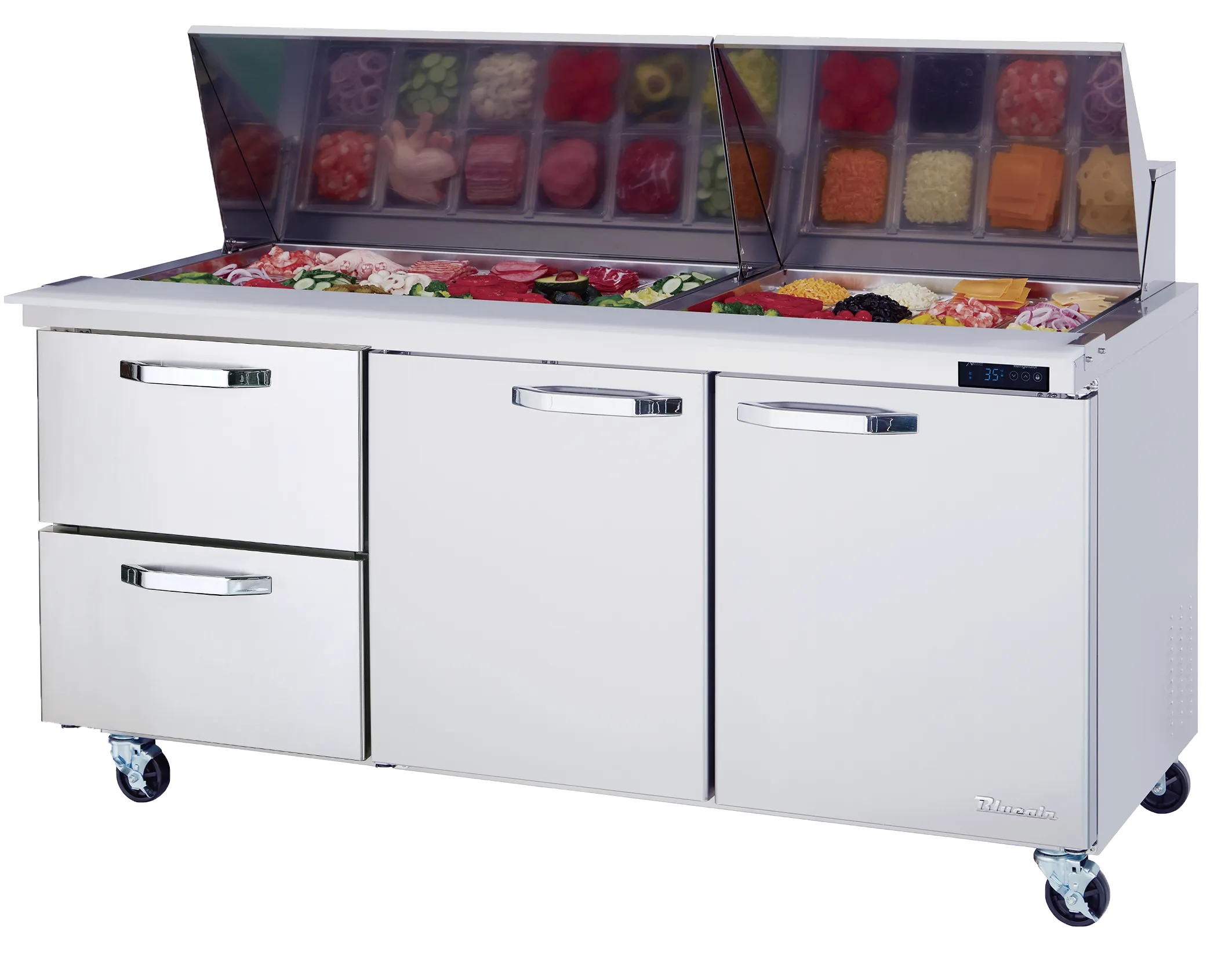 Blue Air - BLMT72-D2L-HC, 2 Drawers 2 Doors (M, R) All Stainless Prep. Table with (30) 1/6 Pans - 72" wide, 20 cu/ft., R-290 Refrigerant