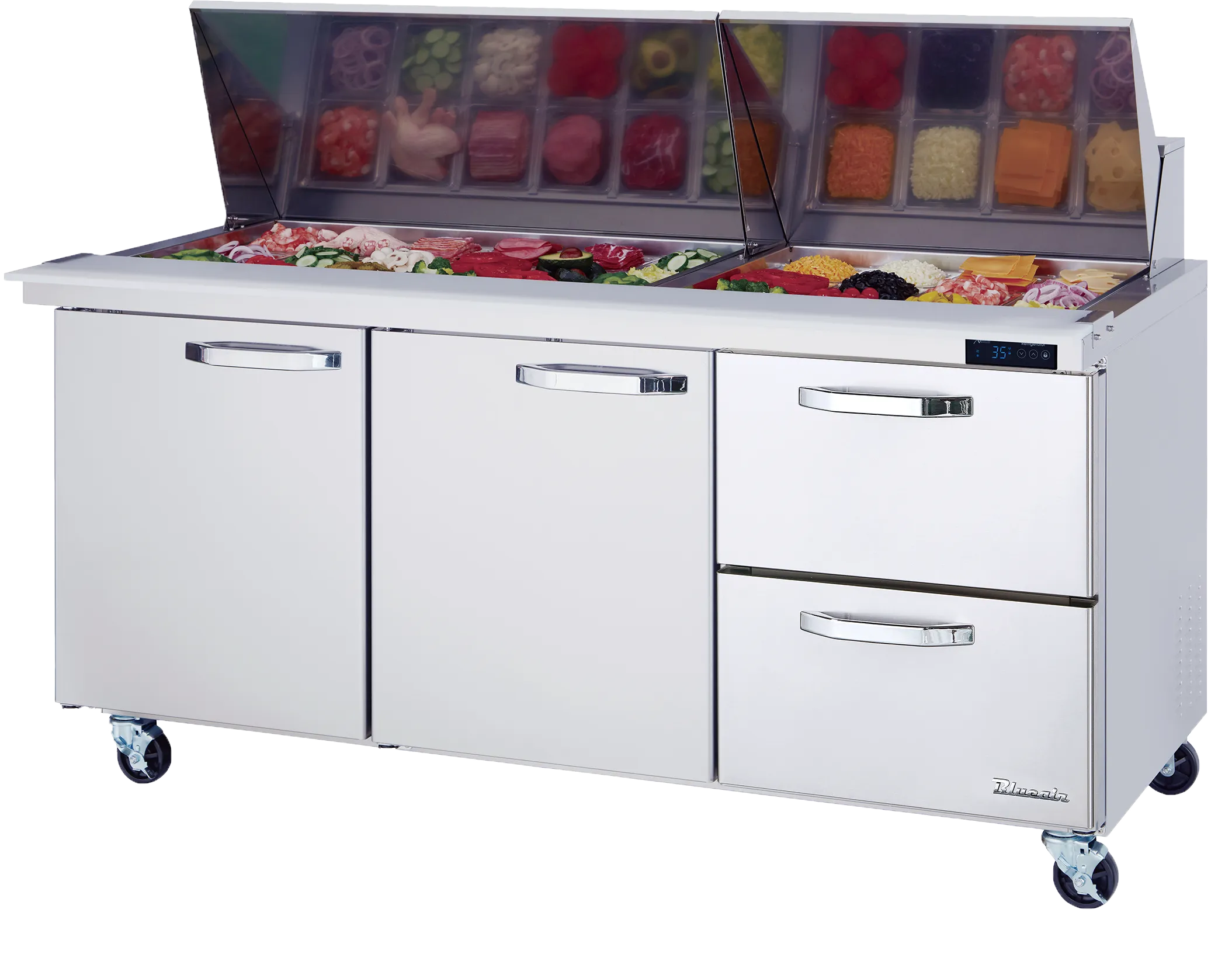 Blue Air - BLMT72-D2R-HC, 2 Drawers 2 Doors (L, M) All Stainless Prep. Table with (30) 1/6 Pans - 72" wide, 20 cu/ft., R-290 Refrigerant