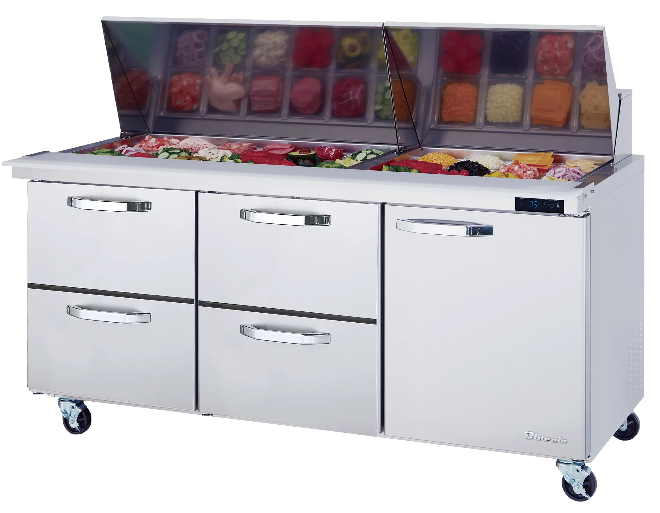 Blue Air - BLMT72-D4LM-HC, 4 Drawers 1 Door (R) All Stainless Prep. Table with (30) 1/6 Pans - 72" wide, 20 cu/ft., R-290 Refrigerant