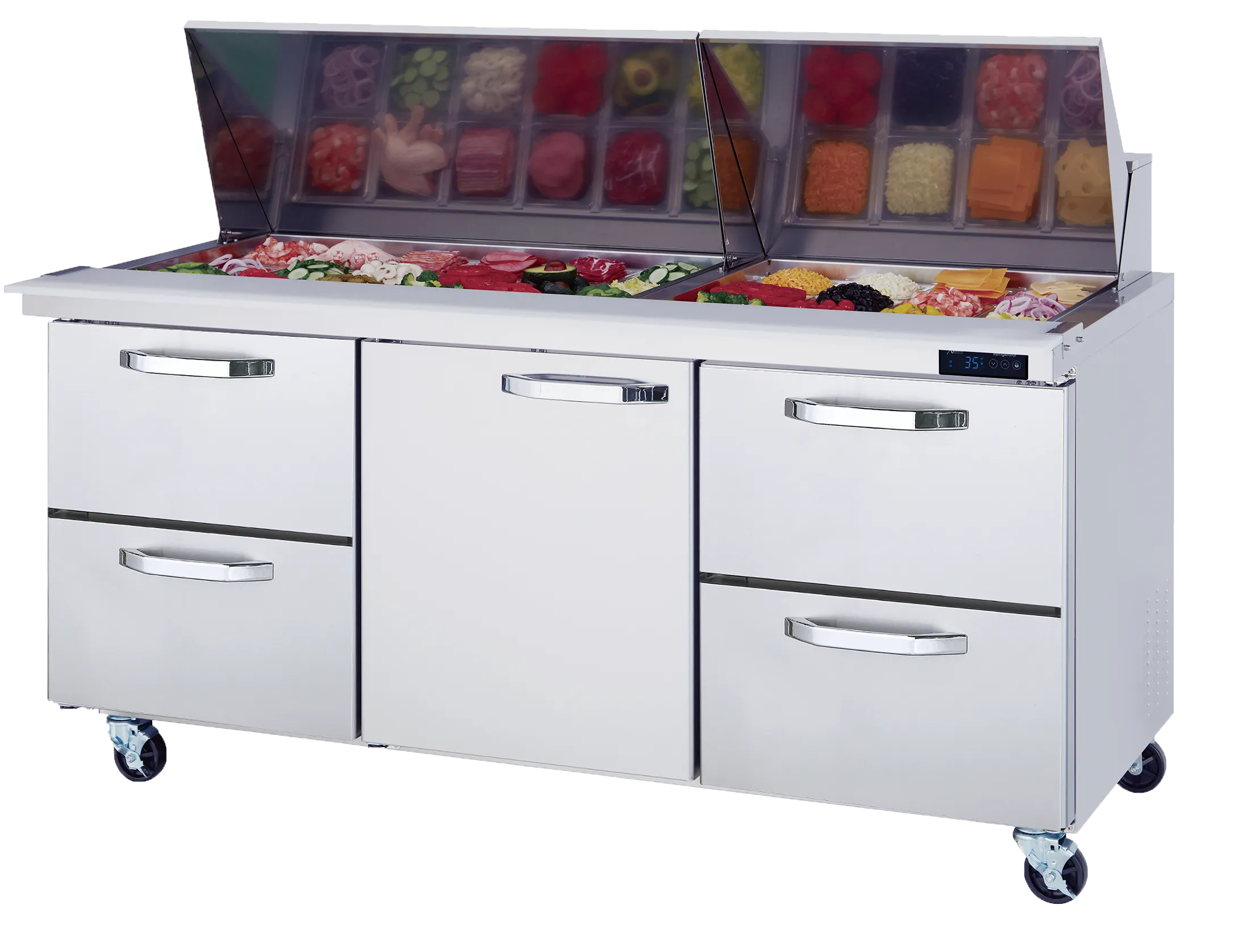 Blue Air - BLMT72-D4RL-HC, 4 Drawers 1 Door (M) All Stainless Prep. Table with (30) 1/6 Pans - 72" wide, 20 cu/ft., R-290 Refrigerant