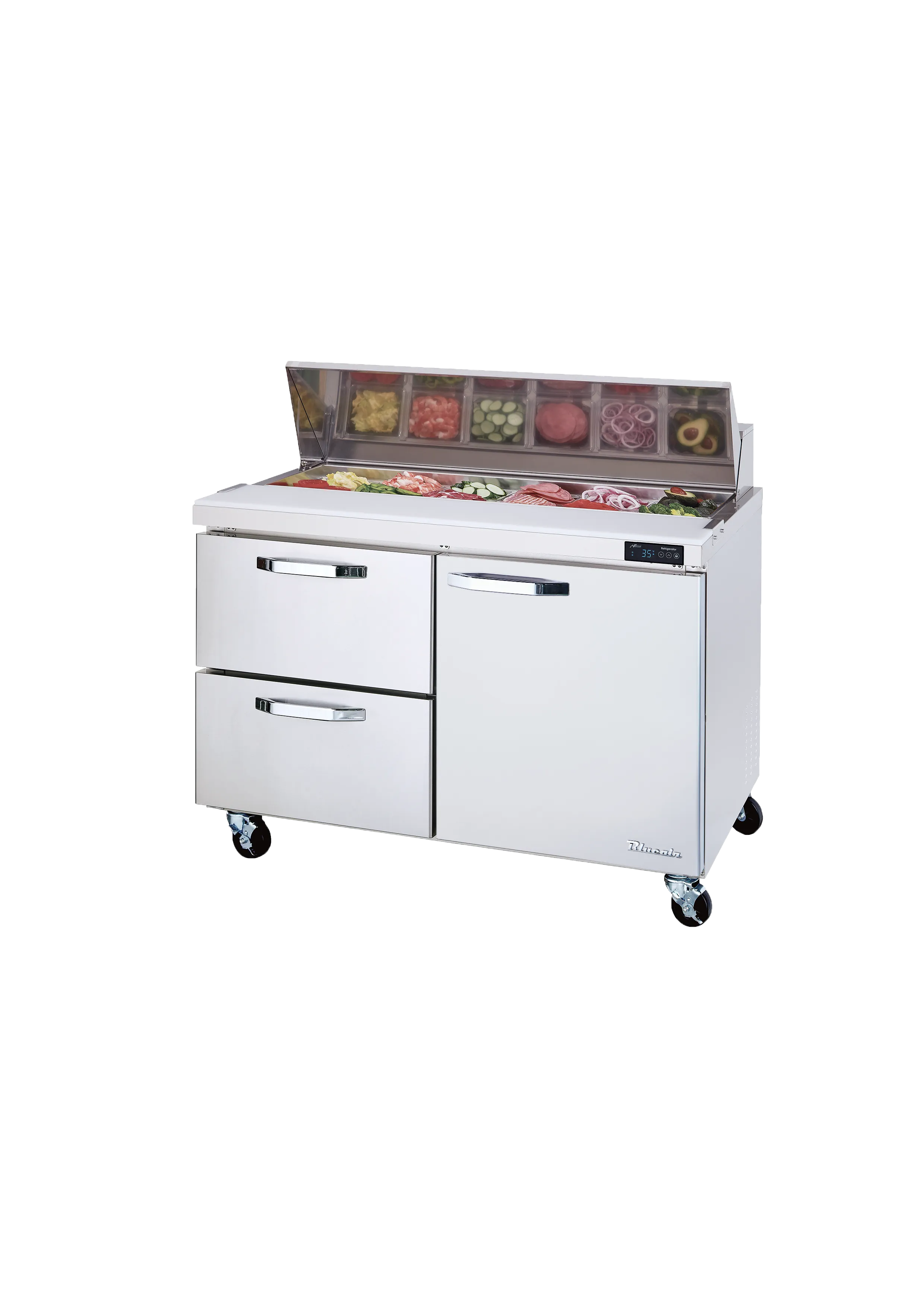 Blue Air - BLPT48-D2L-HC, 2 Drawers 1 Door (R) All Stainless Prep. Table with (12) 1/6 Pans - 48" wide, 13 cu/ft., R-290 Refrigerant