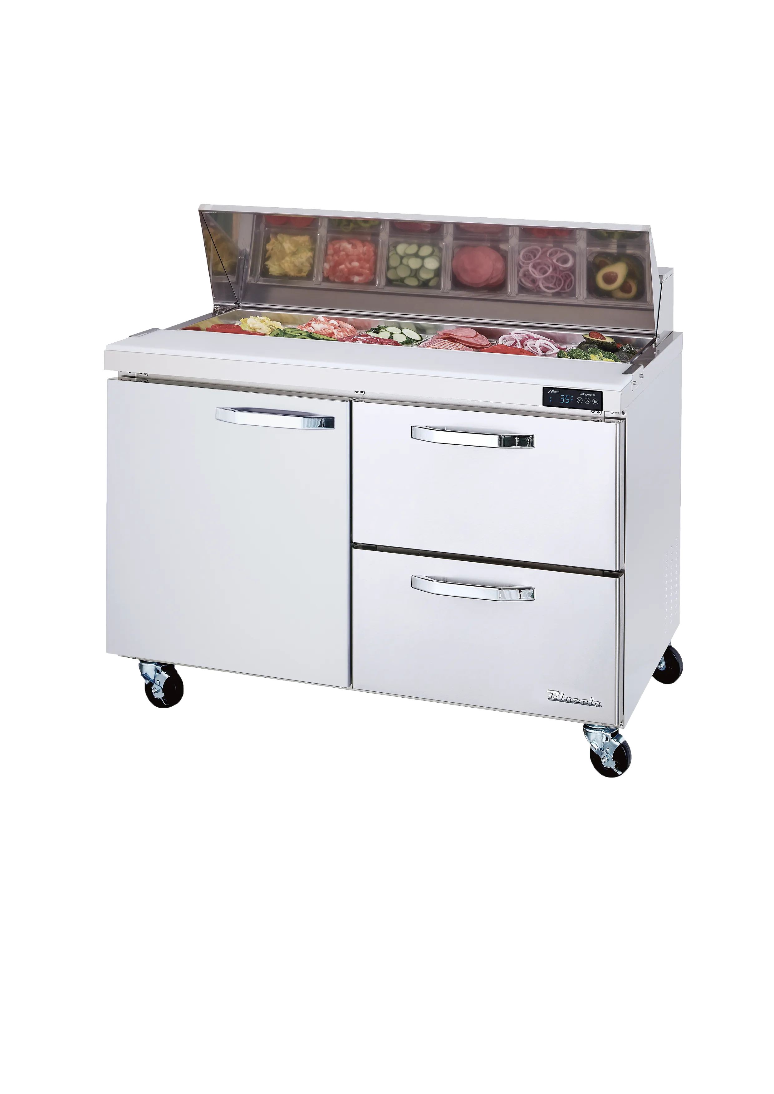 Blue Air - BLPT48-D2R-HC, 2 Drawers 1 Door (L) All Stainless Prep. Table with (12) 1/6 Pans - 48" wide, 13 cu/ft., R-290 Refrigerant