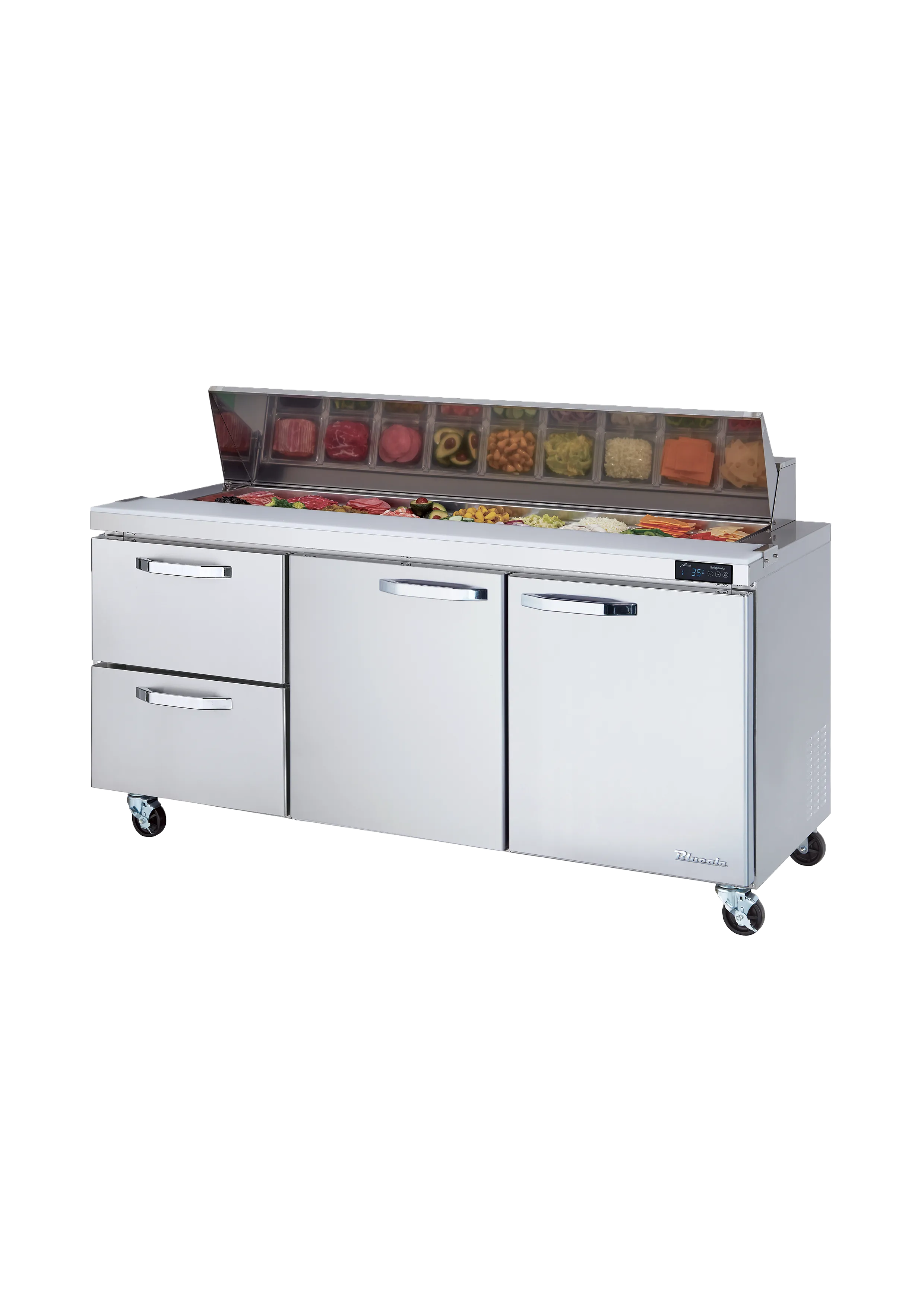 Blue Air - BLPT72-D2L-HC, 2 Drawers 2 Doors (M, R) All Stainless Prep. Table with (18) 1/6 Pans - 72" wide, 20 cu/ft., R-290 Refrigerant