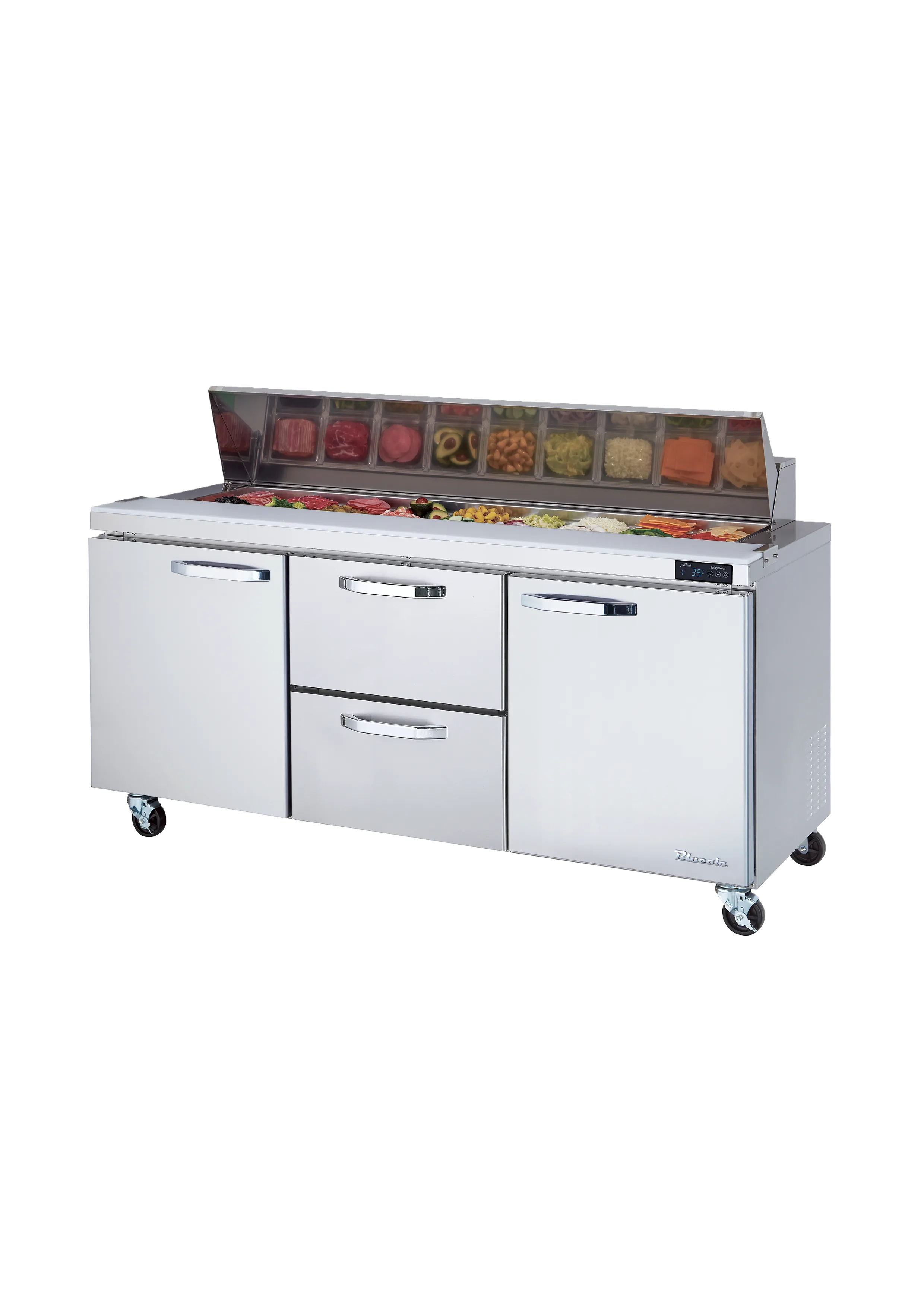 Blue Air - BLPT72-D2M-HC, 2 Drawers 2 Doors (L, R) All Stainless Prep. Table with (18) 1/6 Pans - 72" wide, 20 cu/ft., R-290 Refrigerant