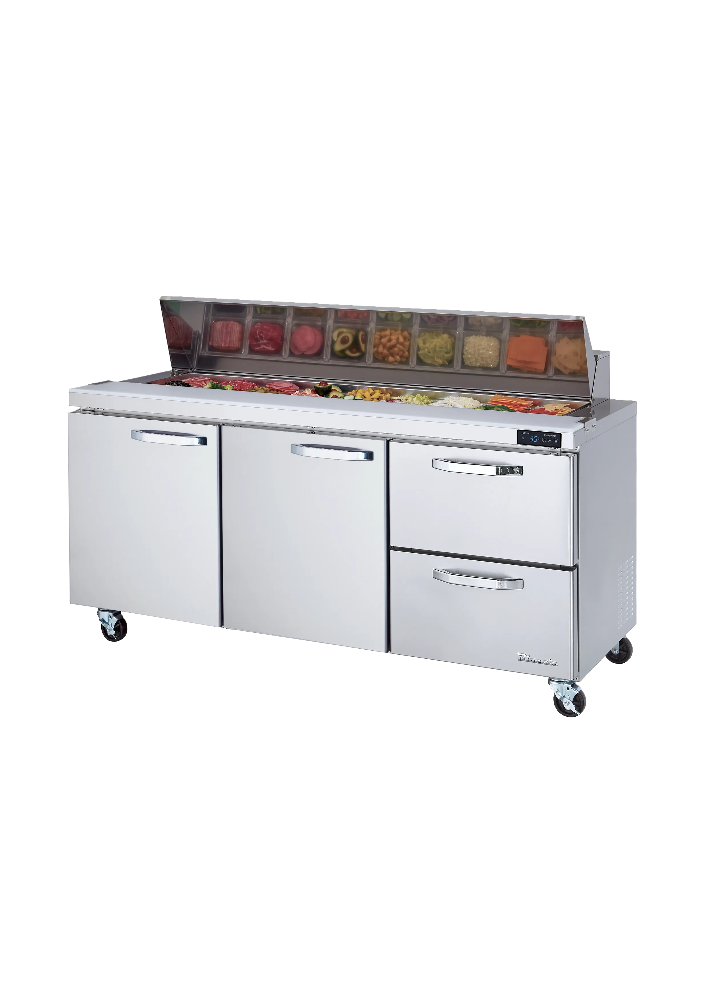Blue Air - BLPT72-D2R-HC, 2 Drawers 2 Doors (L, M) All Stainless Prep. Table with (18) 1/6 Pans - 72" wide, 20 cu/ft., R-290 Refrigerant