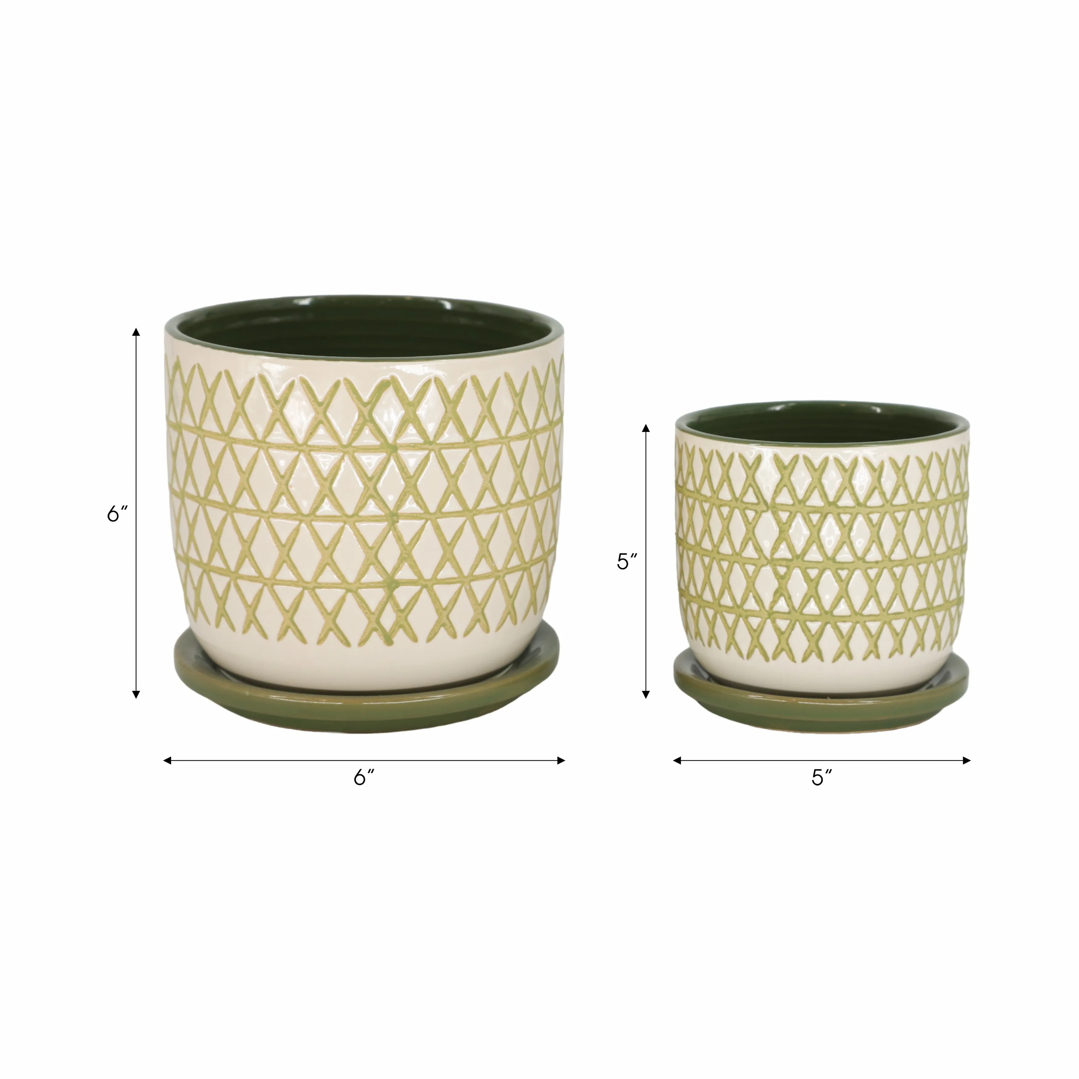 CER,  S/2  5/6" X-PLANTER W/ SAUCER,  OLIVE