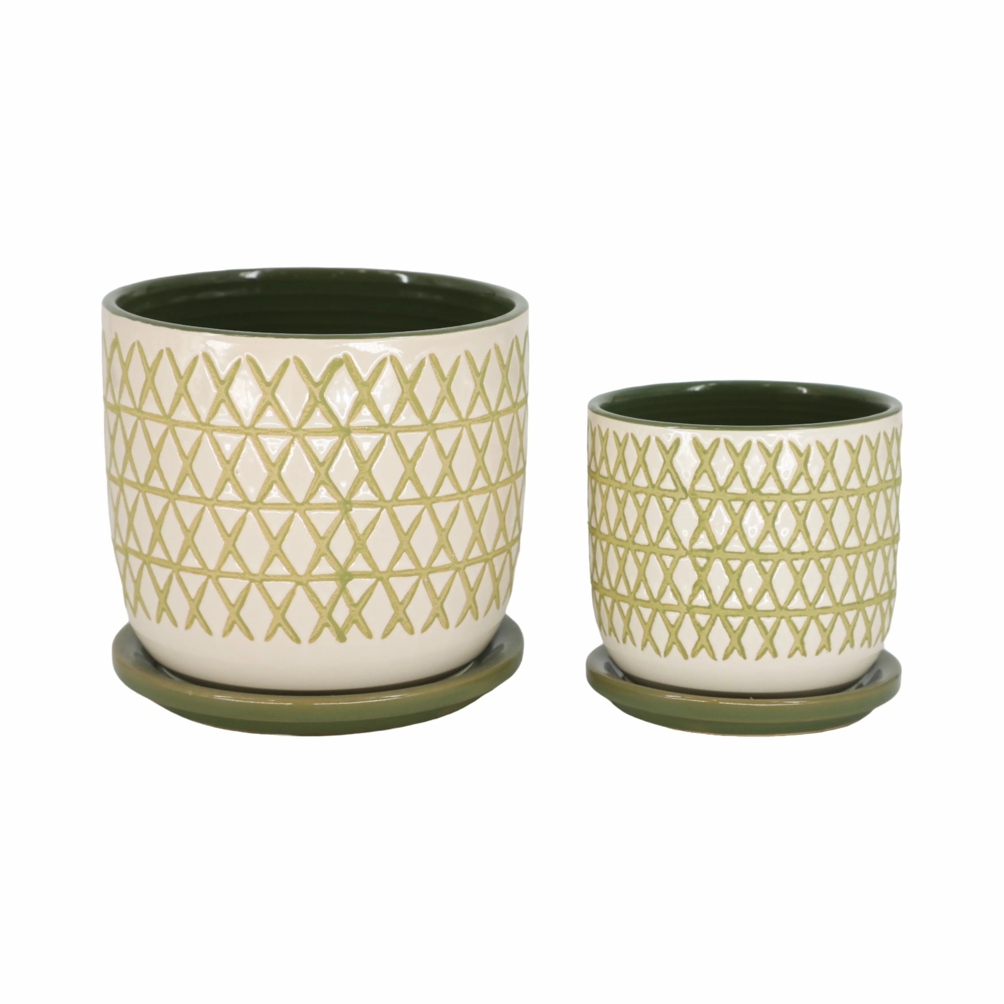 CER,  S/2  5/6" X-PLANTER W/ SAUCER,  OLIVE