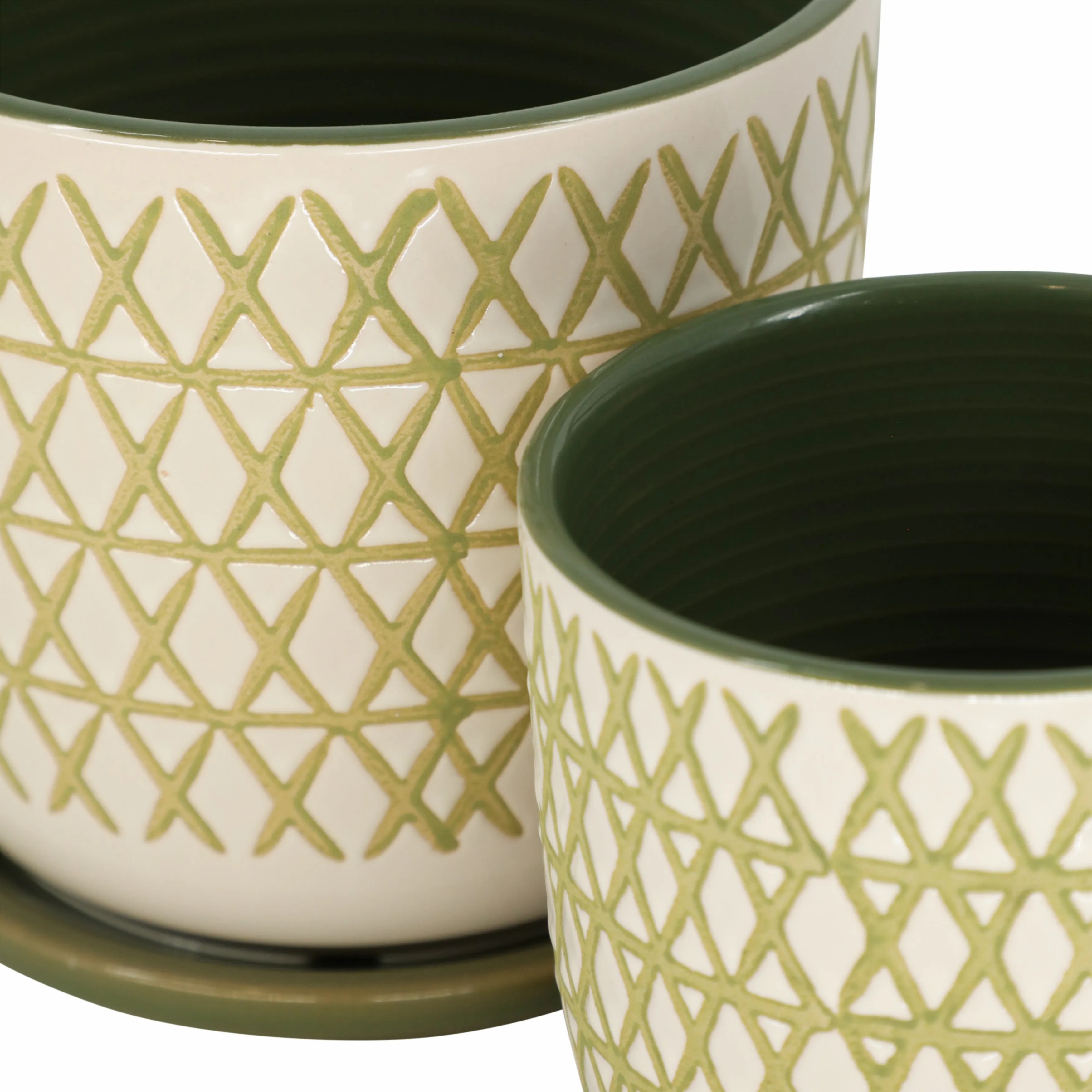CER,  S/2  5/6" X-PLANTER W/ SAUCER,  OLIVE