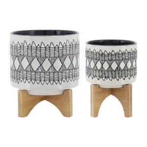 CER, S/2 5/8" AZTEC PLANTER ON WOODEN STAND, GRAY