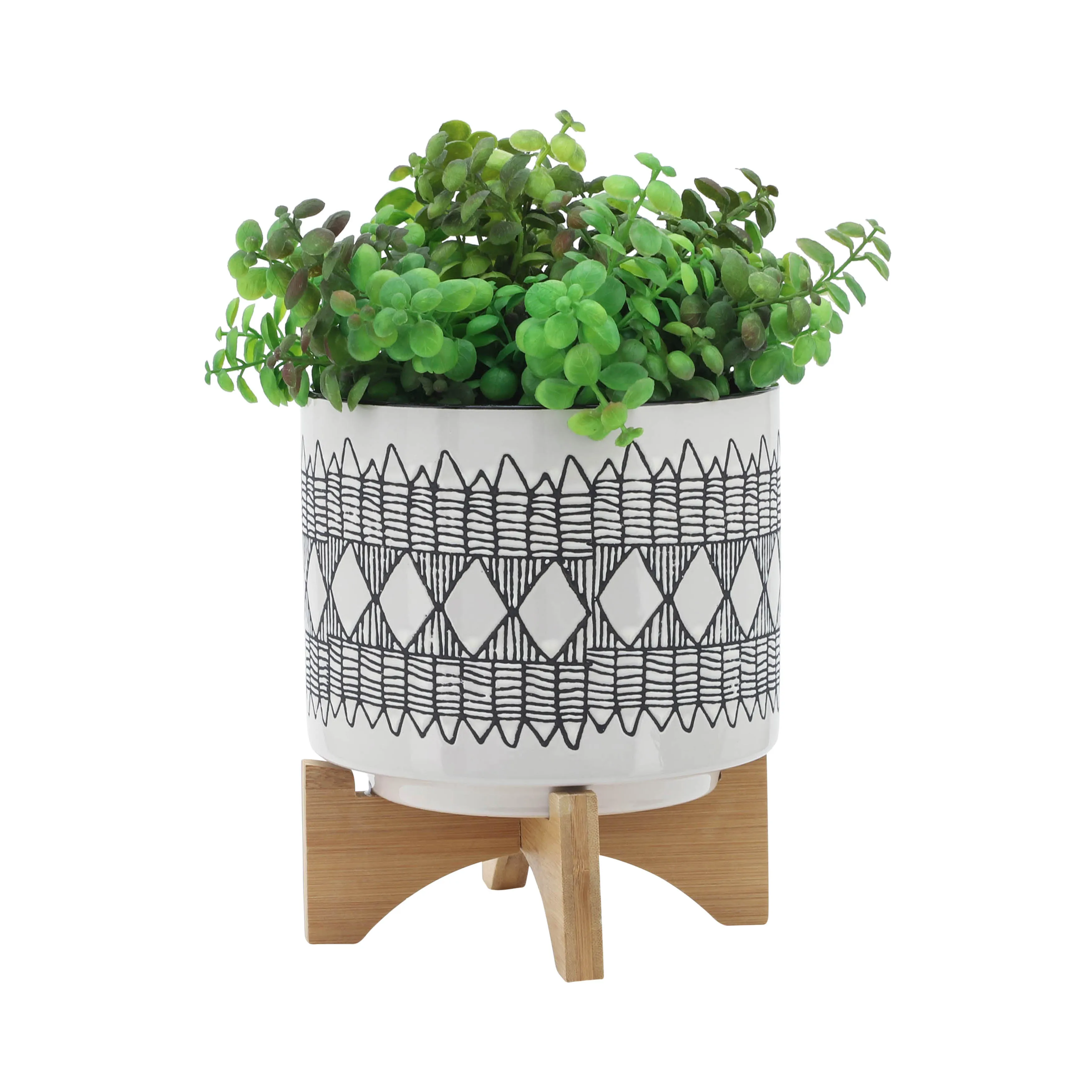 CER, S/2 5/8" AZTEC PLANTER ON WOODEN STAND, GRAY