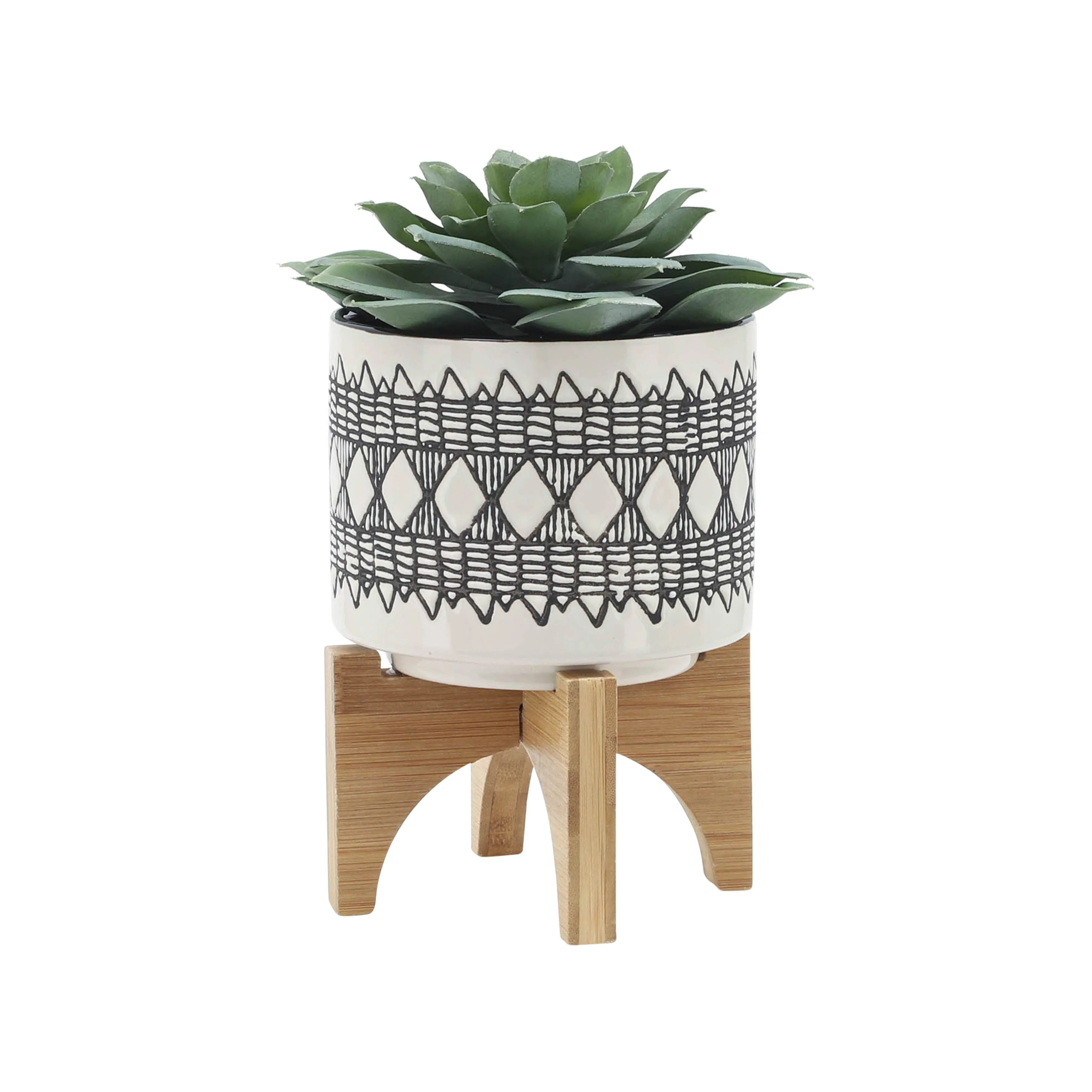 CER, S/2 5/8" AZTEC PLANTER ON WOODEN STAND, GRAY