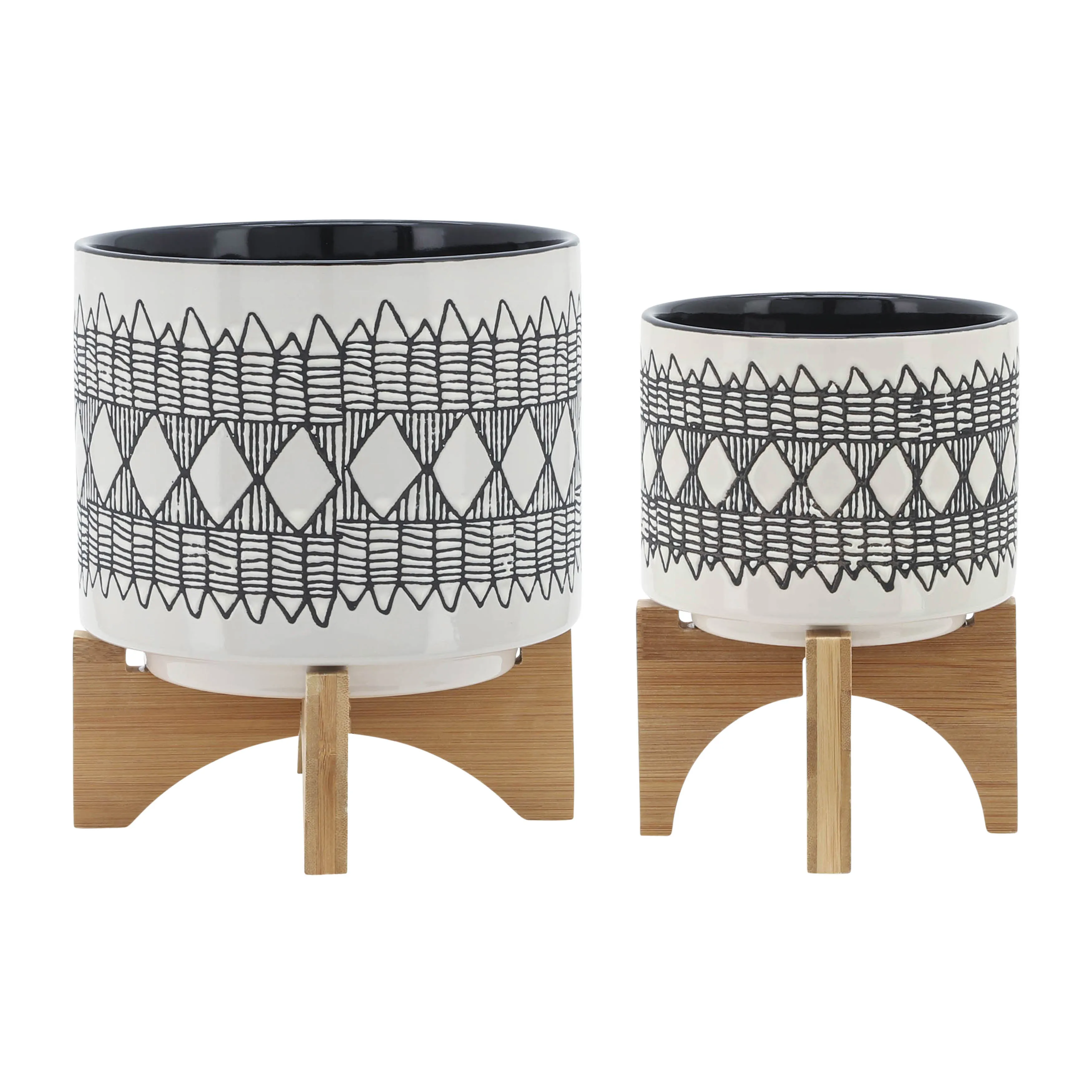 CER, S/2 5/8" AZTEC PLANTER ON WOODEN STAND, GRAY