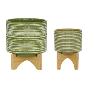 CER, S/2 5/8"  PLANTER ON WOODEN STAND, OLIVE